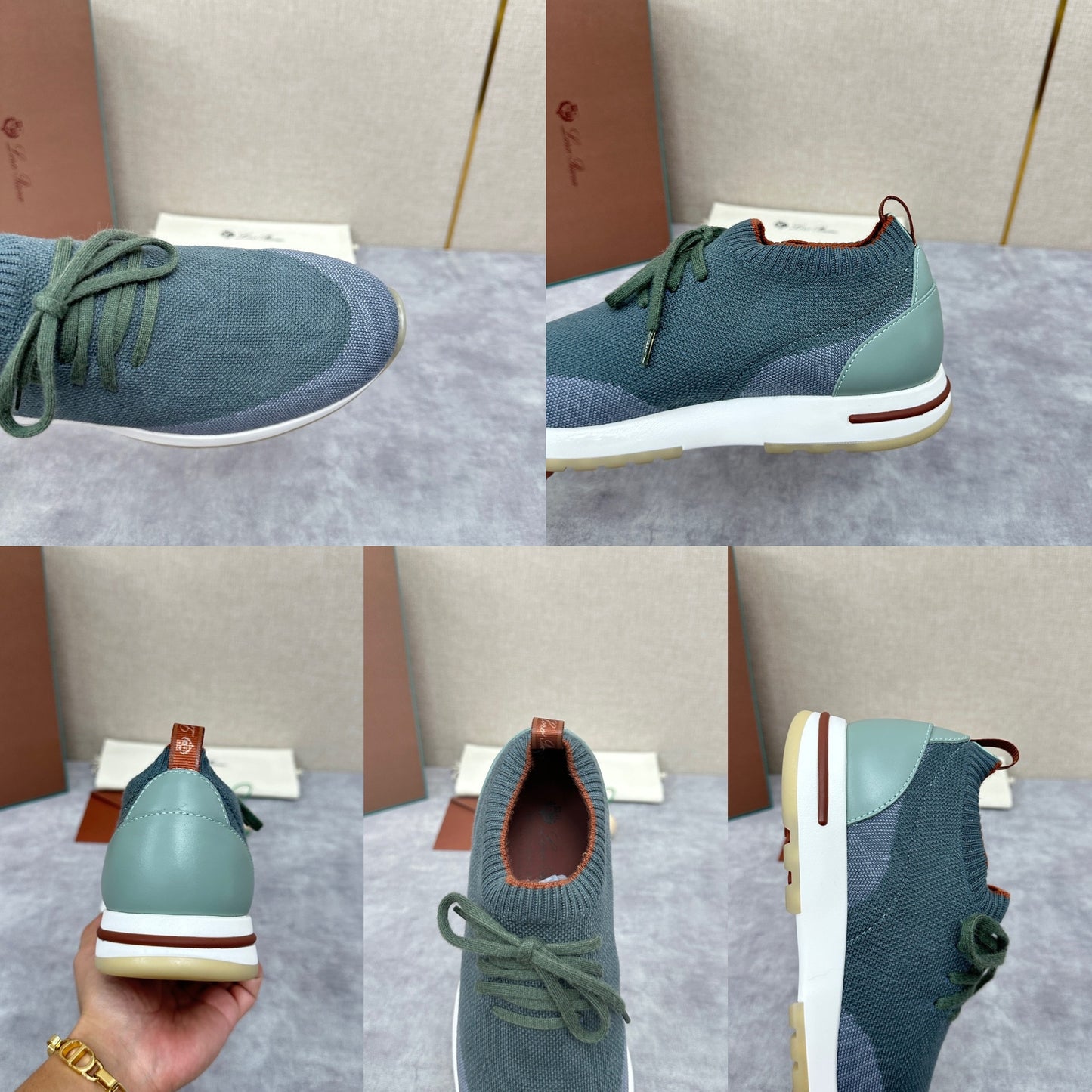 Grey, Blue, Brown, and Green Shoes