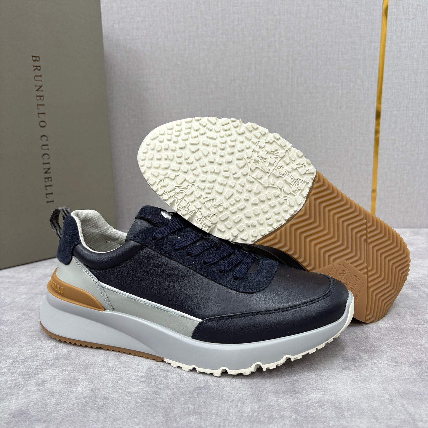 Grey, Brown and Navy blue Shoes