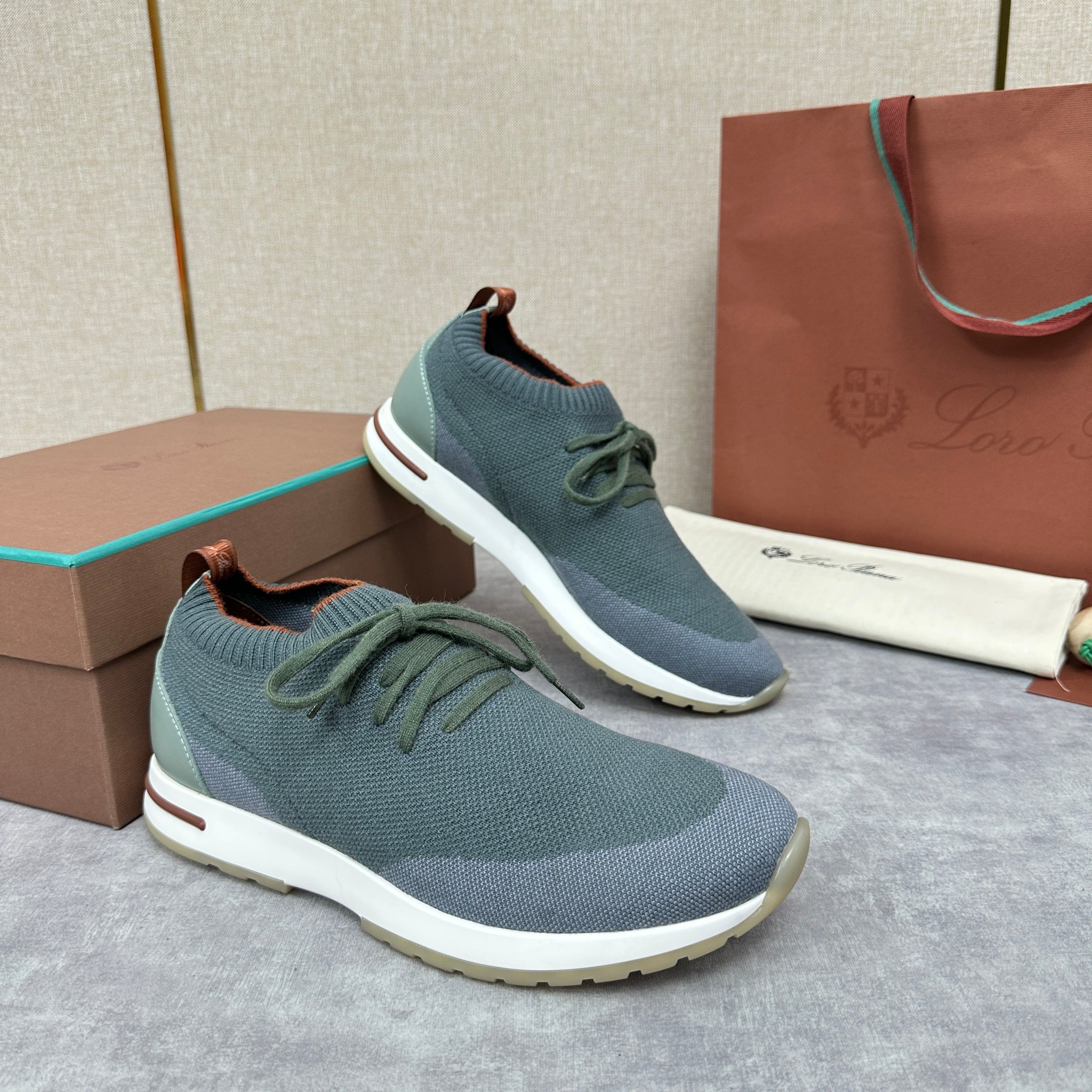 Grey, Blue, Brown, and Green Shoes