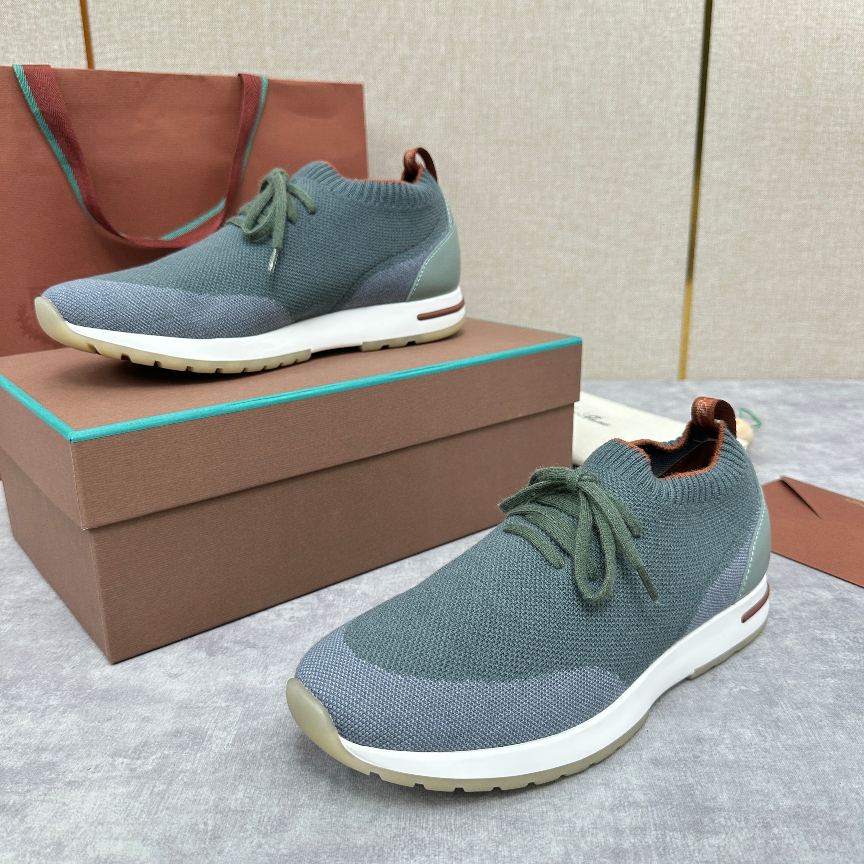 Grey, Blue, Brown, and Green Shoes
