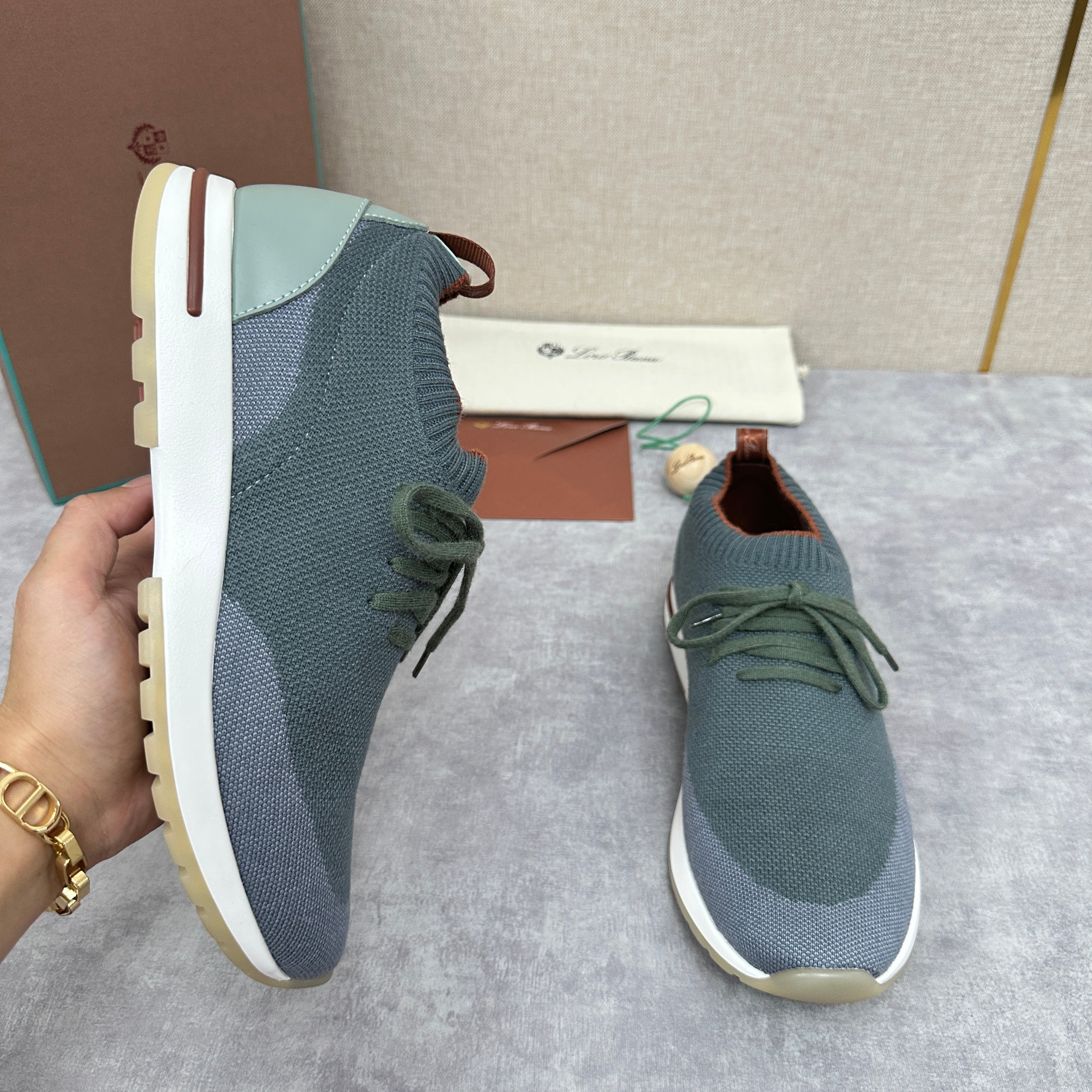 Grey, Blue, Brown, and Green Shoes