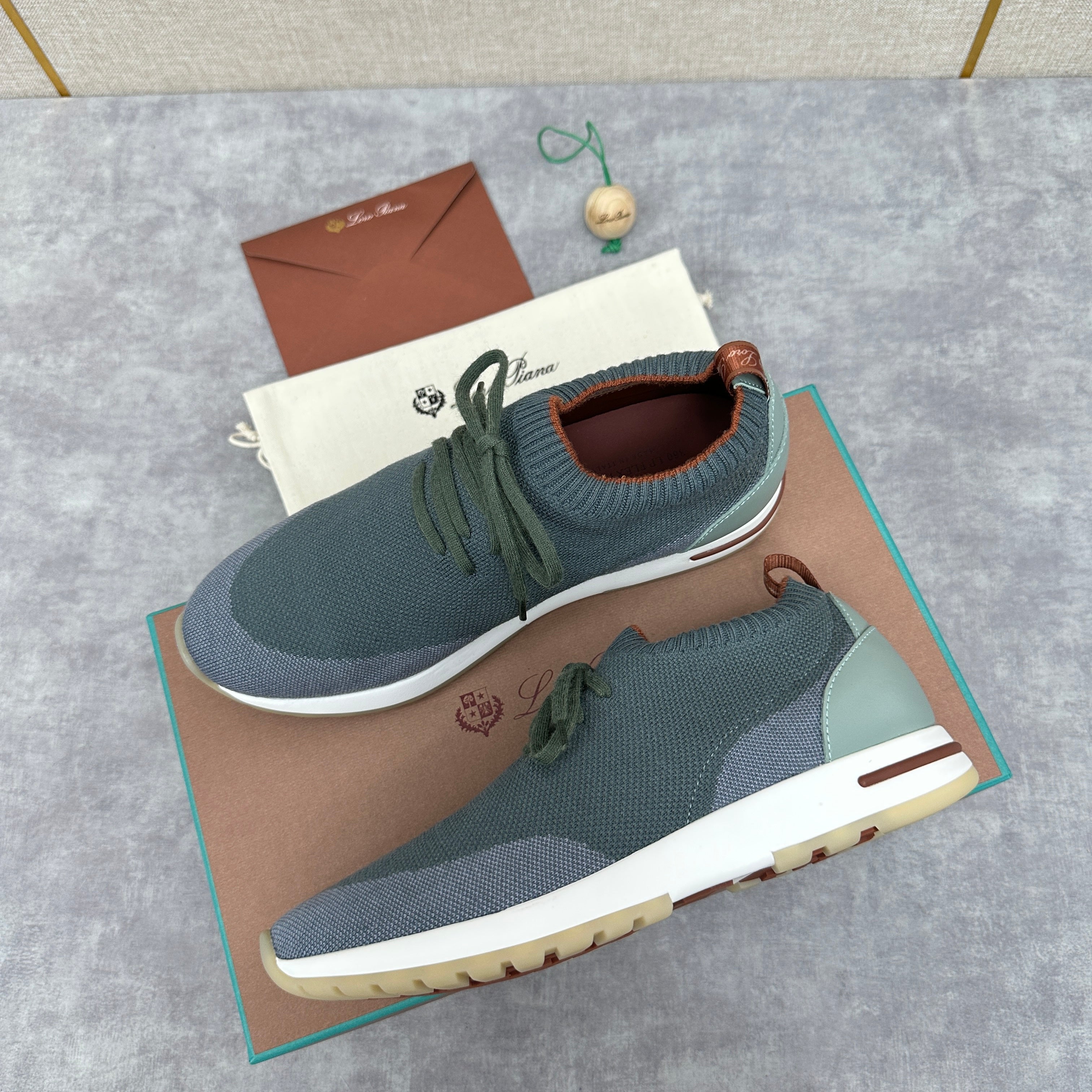 Grey, Blue, Brown, and Green Shoes