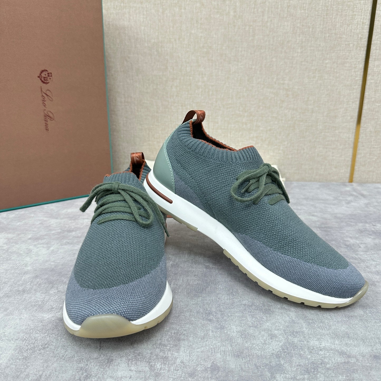 Grey, Blue, Brown, and Green Shoes