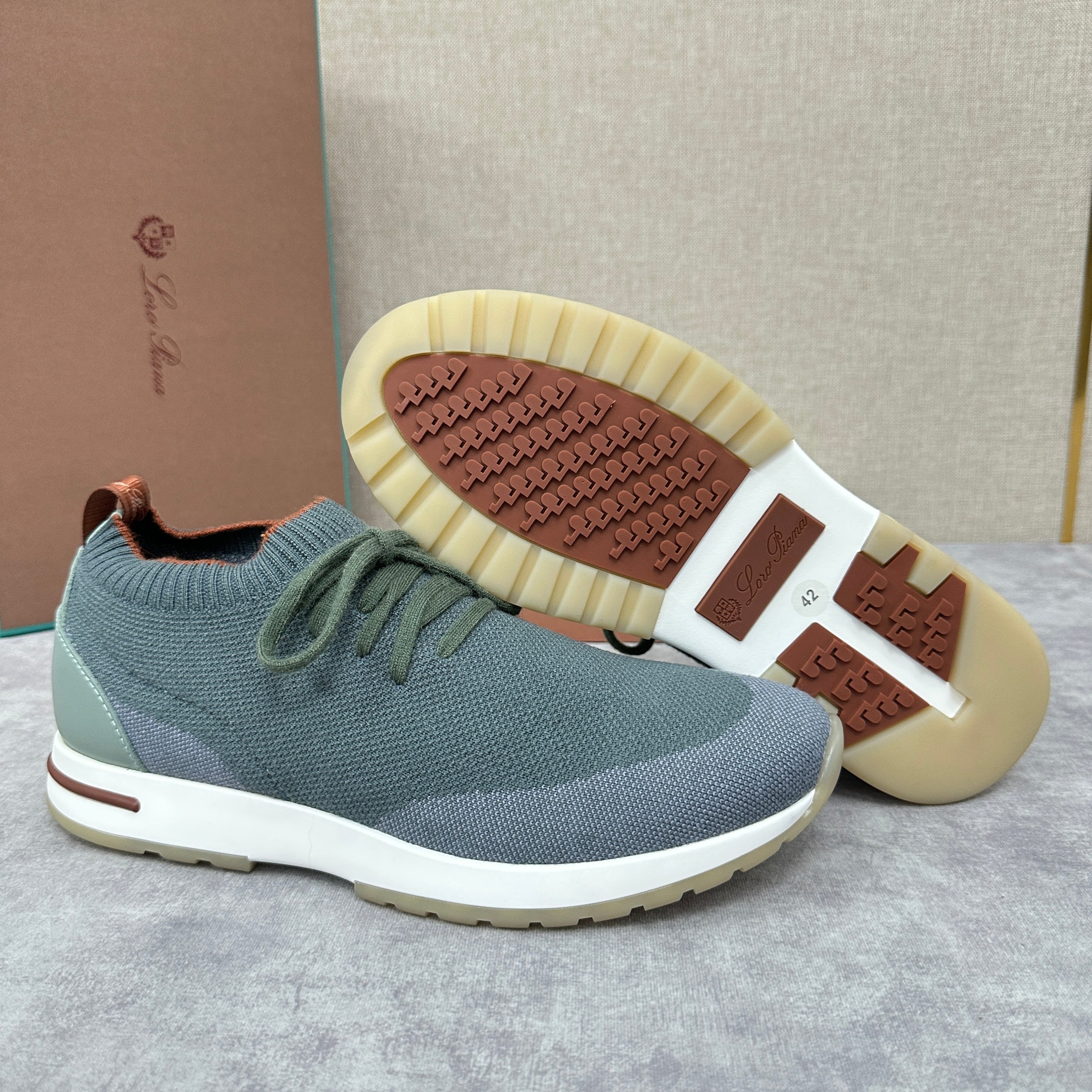 Grey, Blue, Brown, and Green Shoes