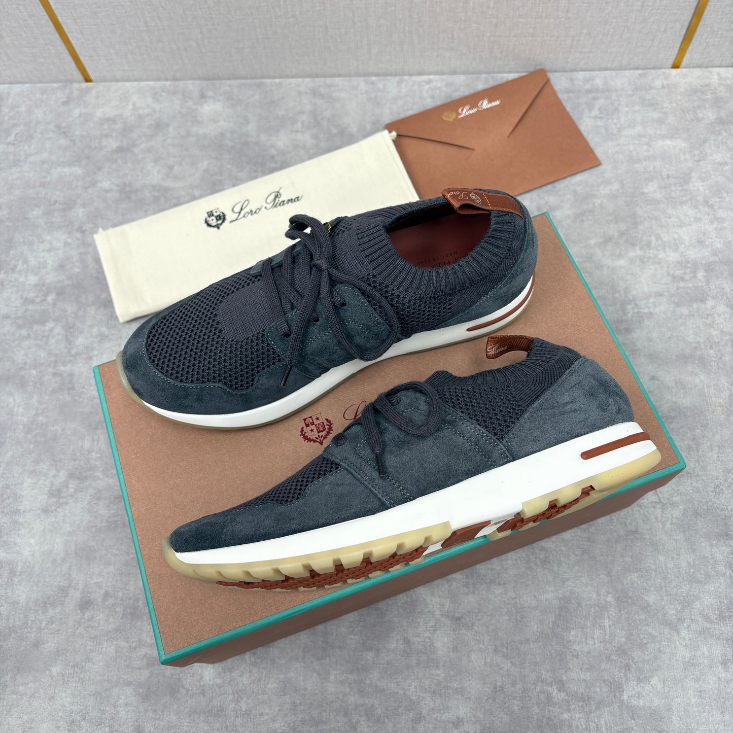 Light grey, Dark grey, Blue and Black shoes