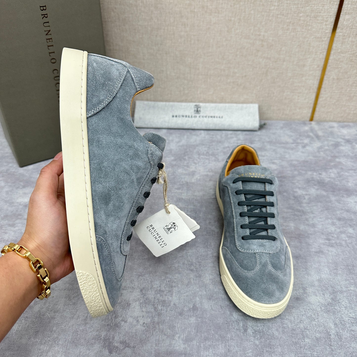 Blue Grey, Tan Brown, Grey, Olive Green, and Dark Brown Shoes