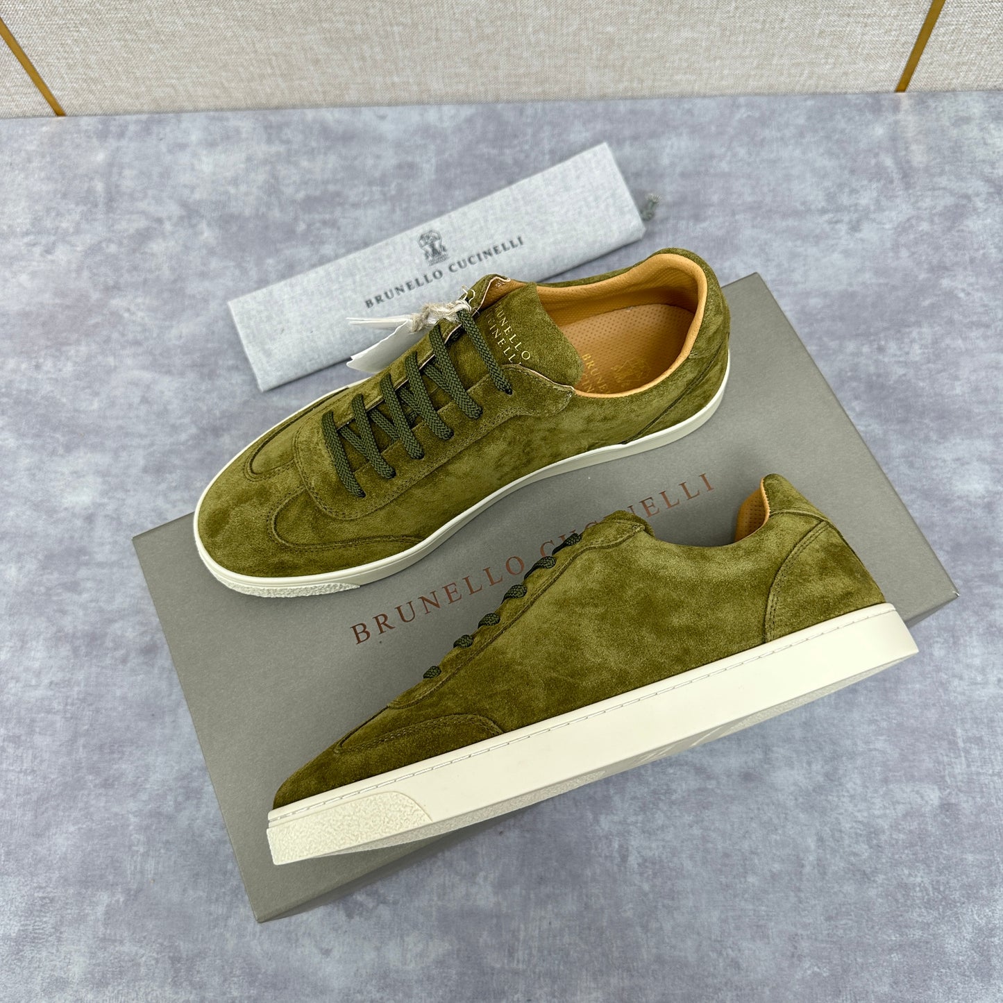 Blue Grey, Tan Brown, Grey, Olive Green, and Dark Brown Shoes