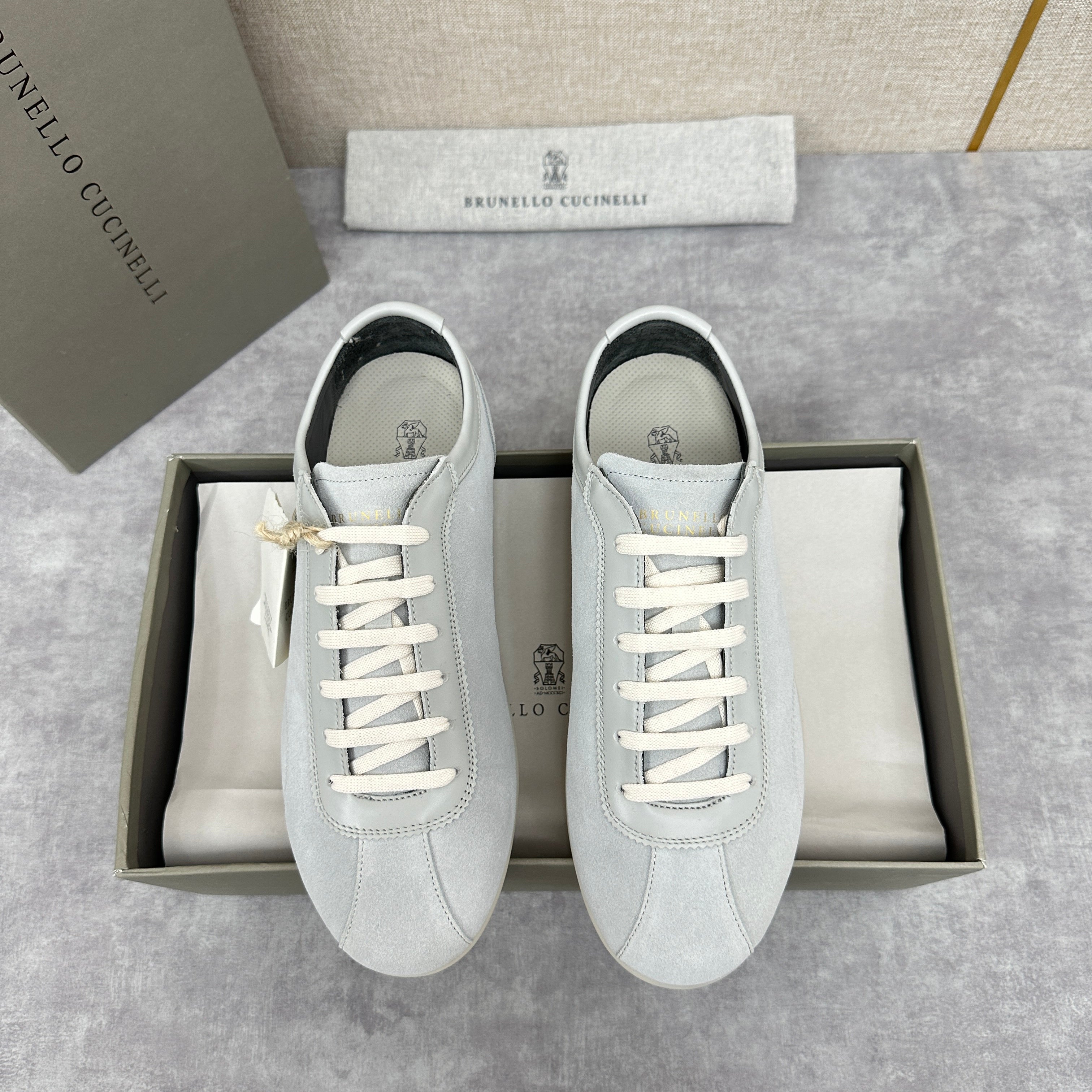 Light Blue, Beige and Tan Brown Shoes