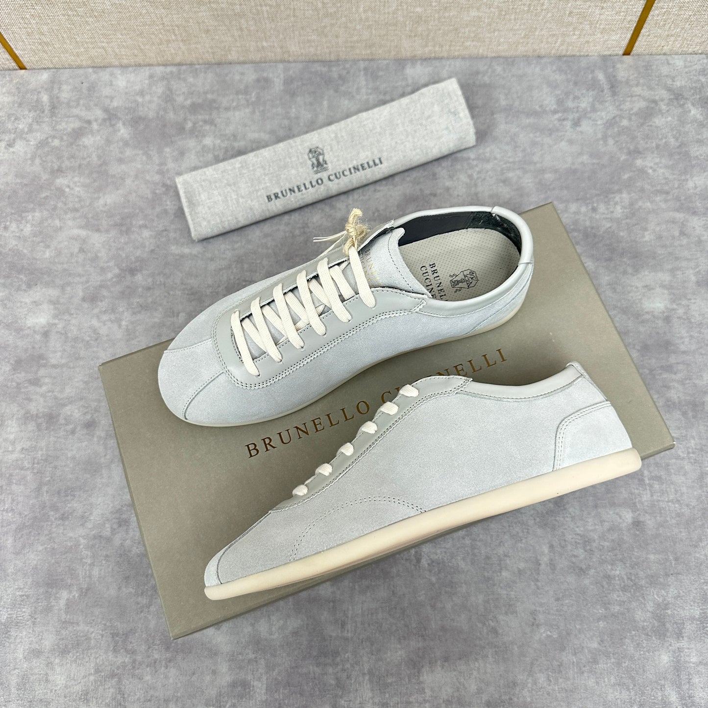 Light Blue, Beige and Tan Brown Shoes