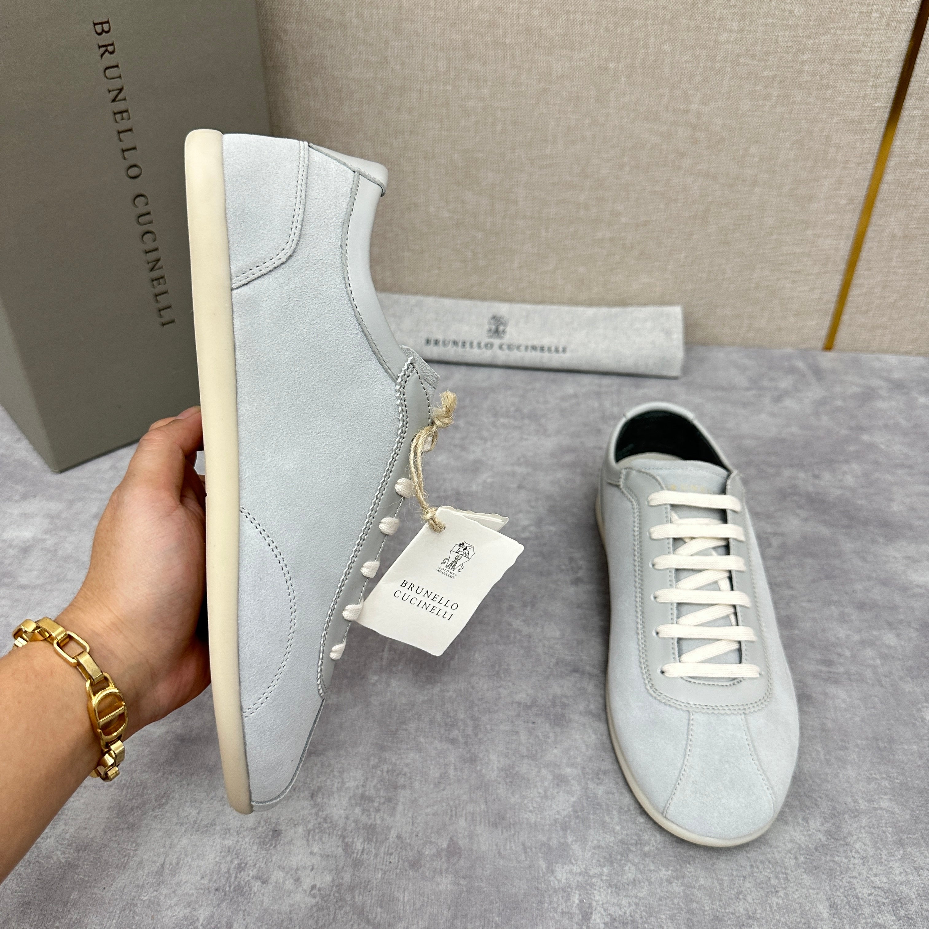 Light Blue, Beige and Tan Brown Shoes