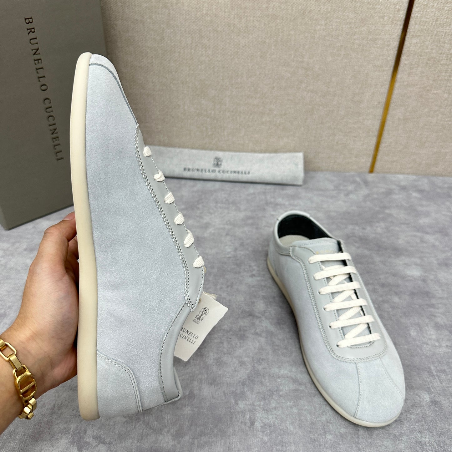 Light Blue, Beige and Tan Brown Shoes