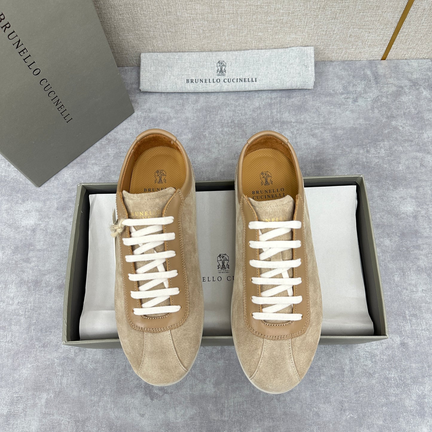 Light Blue, Beige and Tan Brown Shoes