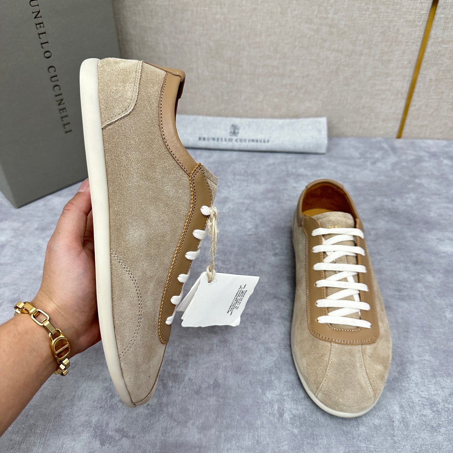 Light Blue, Beige and Tan Brown Shoes