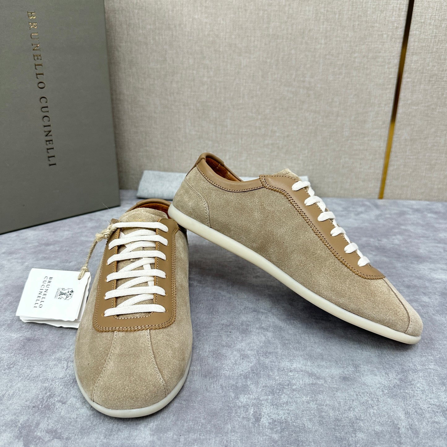 Light Blue, Beige and Tan Brown Shoes