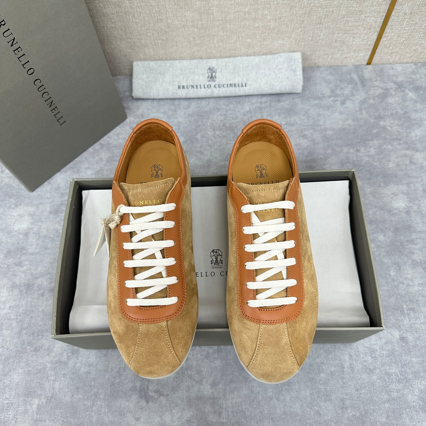 Light Blue, Beige and Tan Brown Shoes