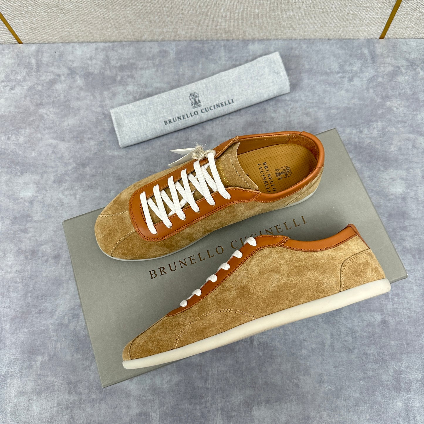 Light Blue, Beige and Tan Brown Shoes