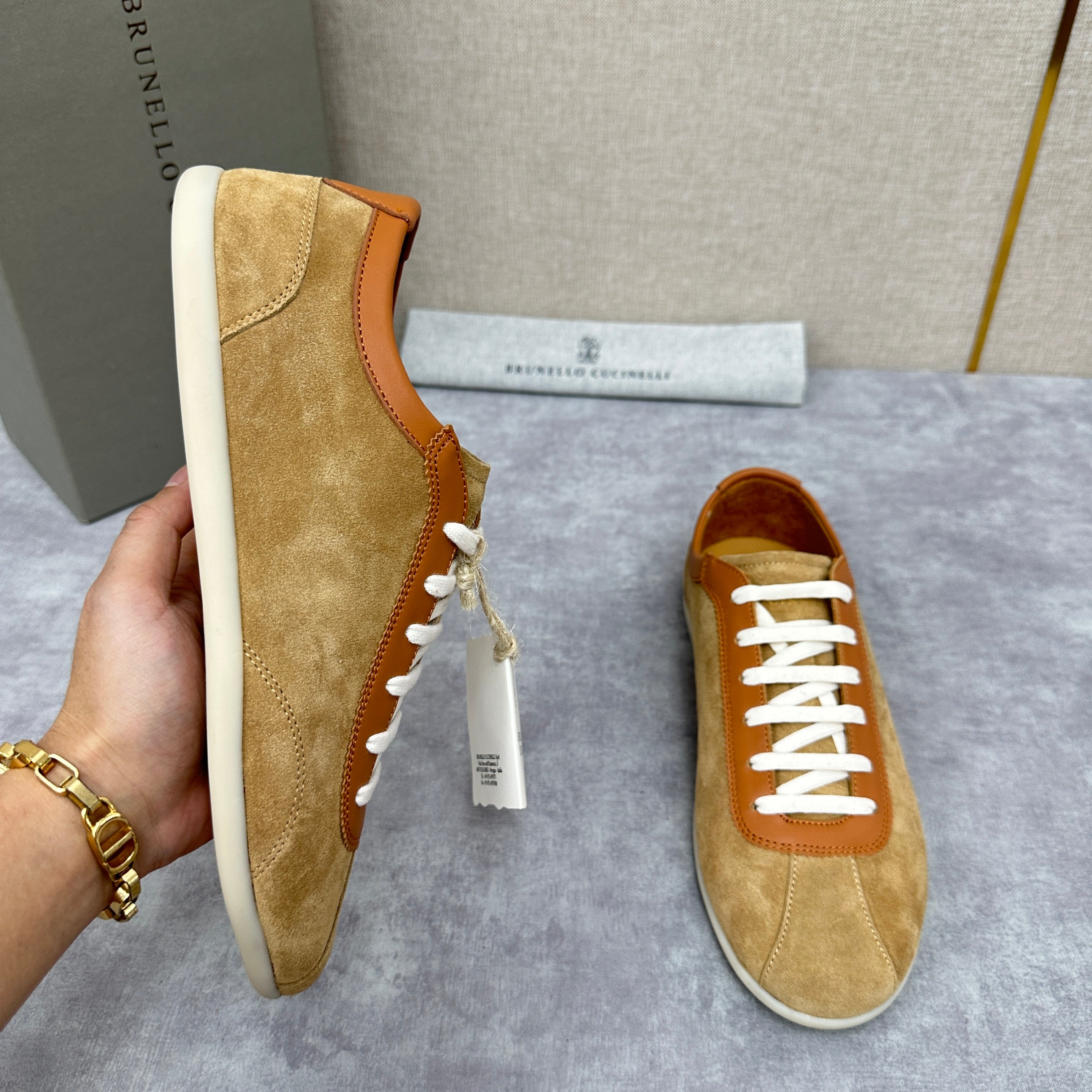 Light Blue, Beige and Tan Brown Shoes