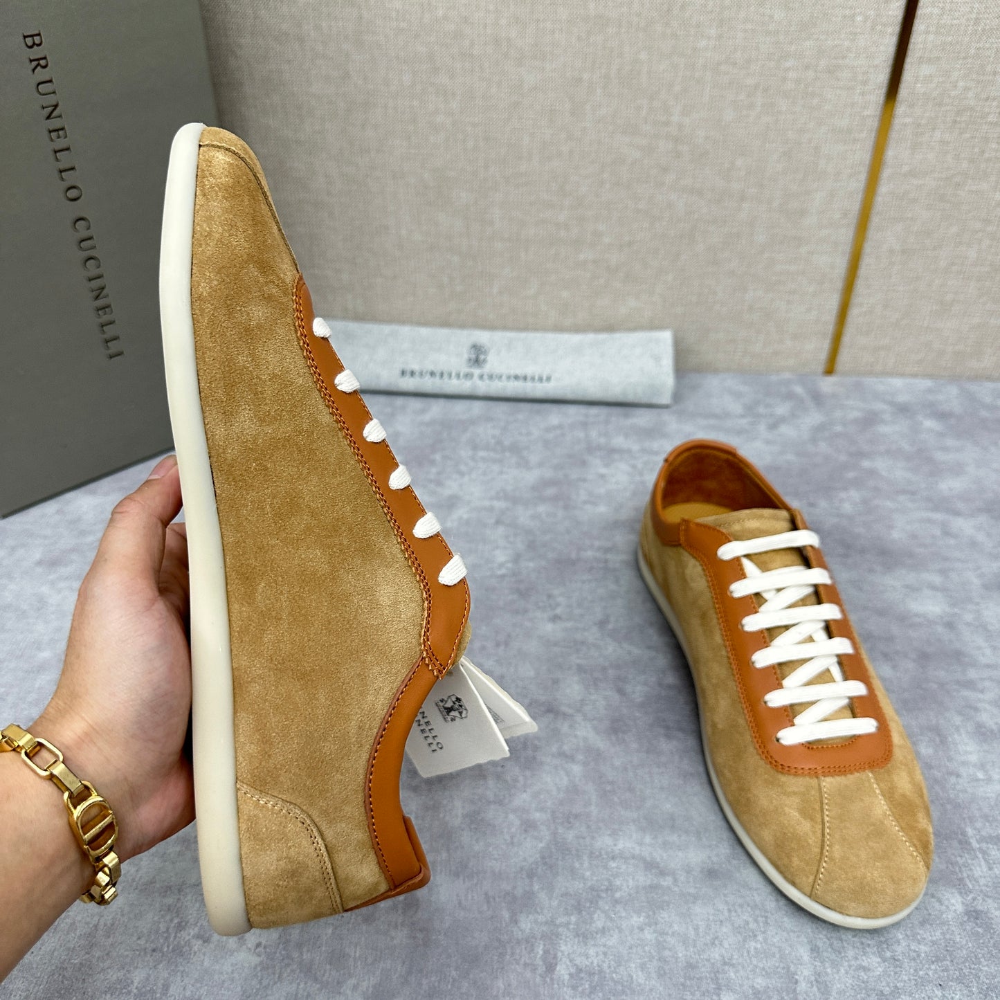 Light Blue, Beige and Tan Brown Shoes