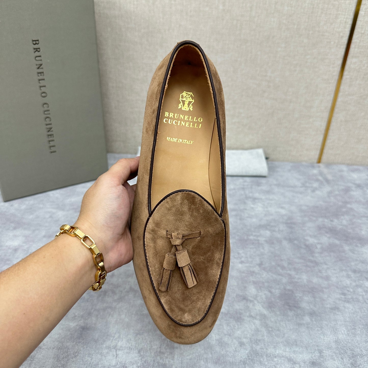 Light brown, Brown, Dark brown and Blue Shoes