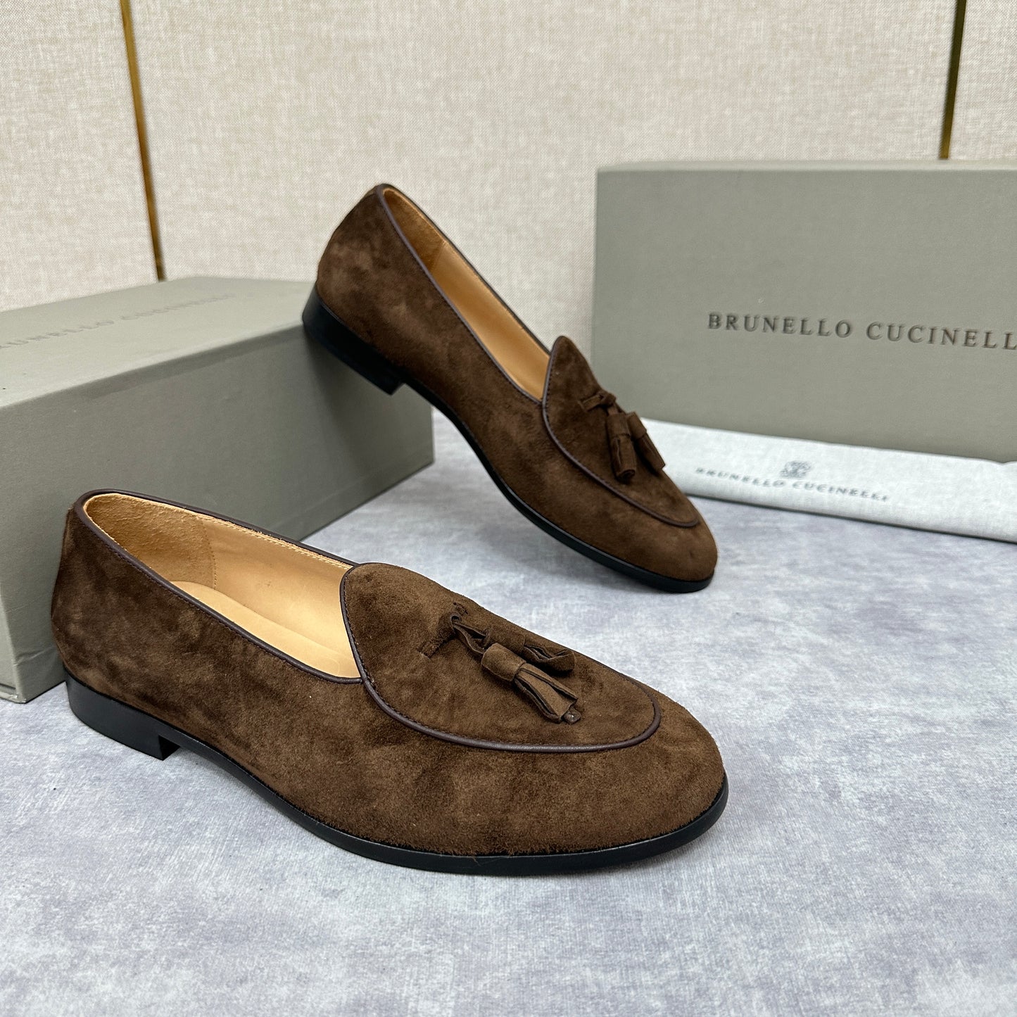 Light brown, Brown, Dark brown and Blue Shoes