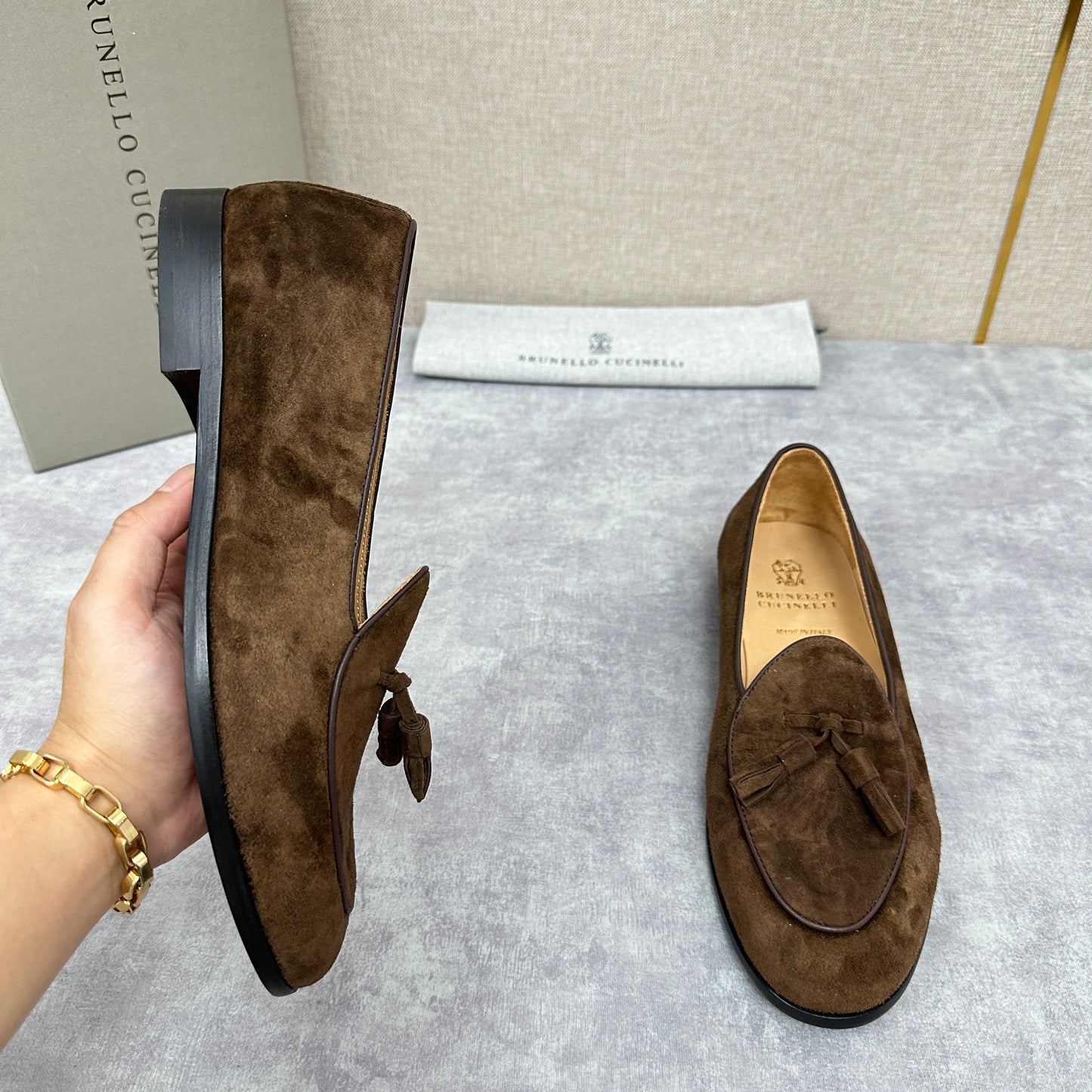 Light brown, Brown, Dark brown and Blue Shoes