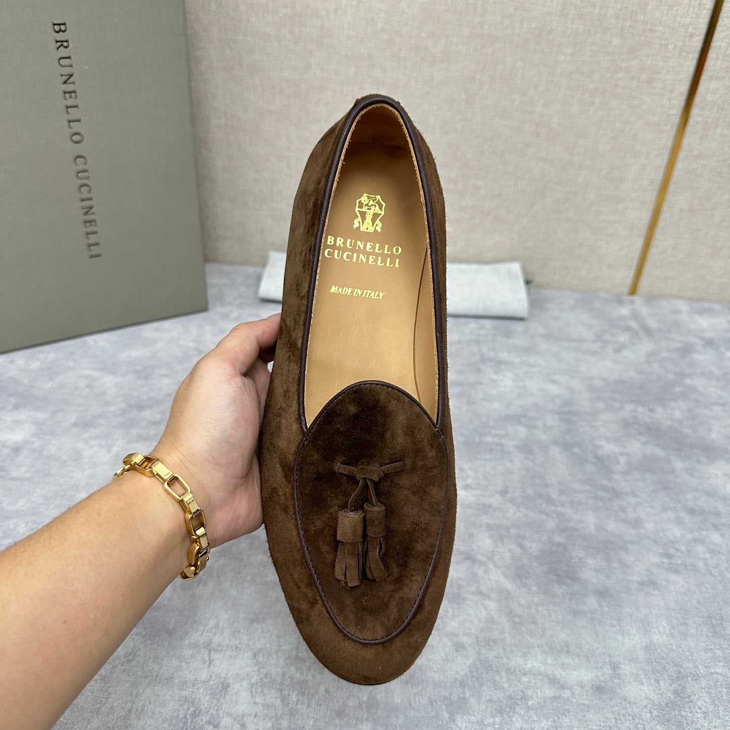 Light brown, Brown, Dark brown and Blue Shoes