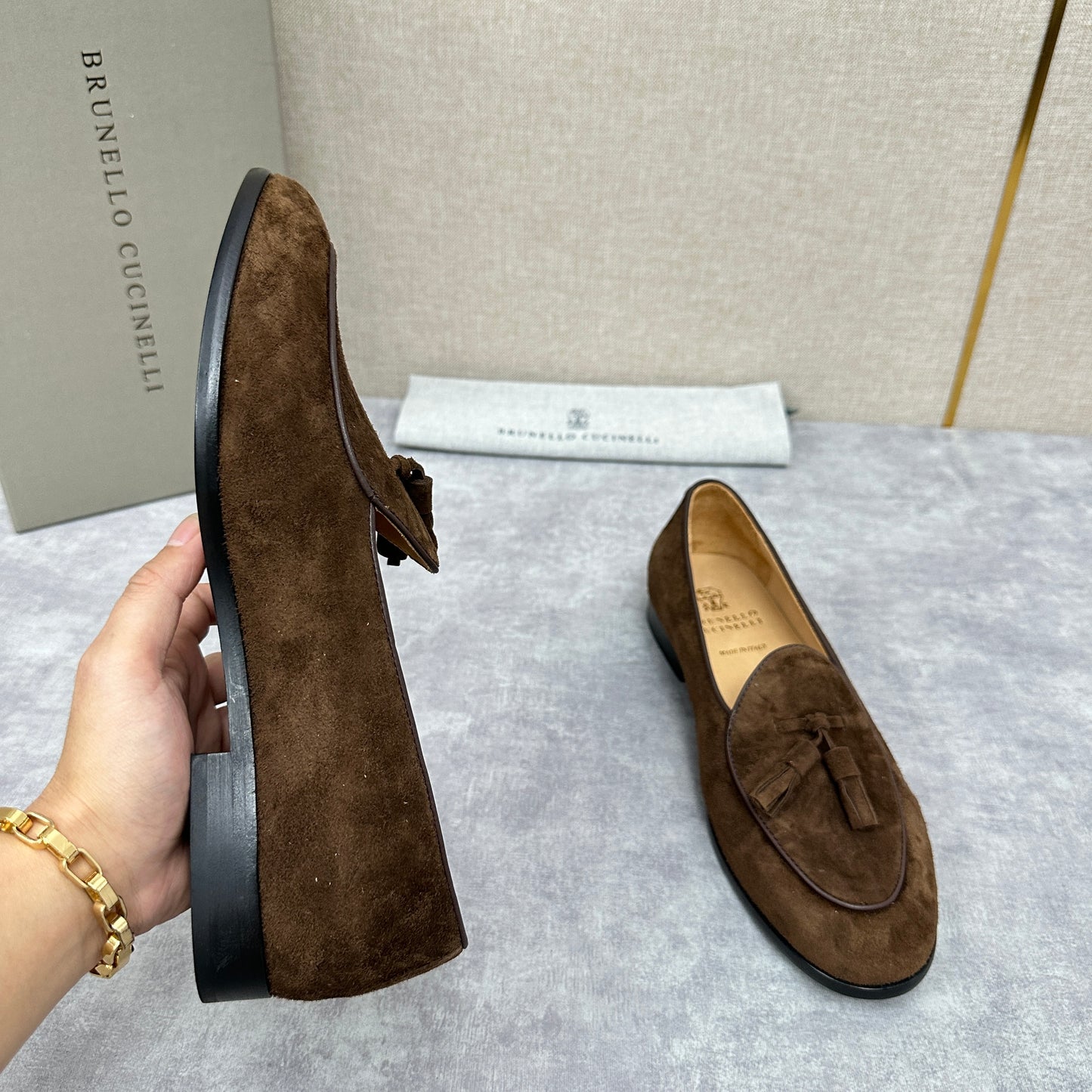 Light brown, Brown, Dark brown and Blue Shoes