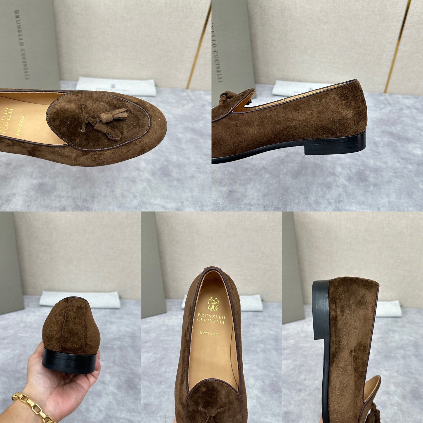 Light brown, Brown, Dark brown and Blue Shoes