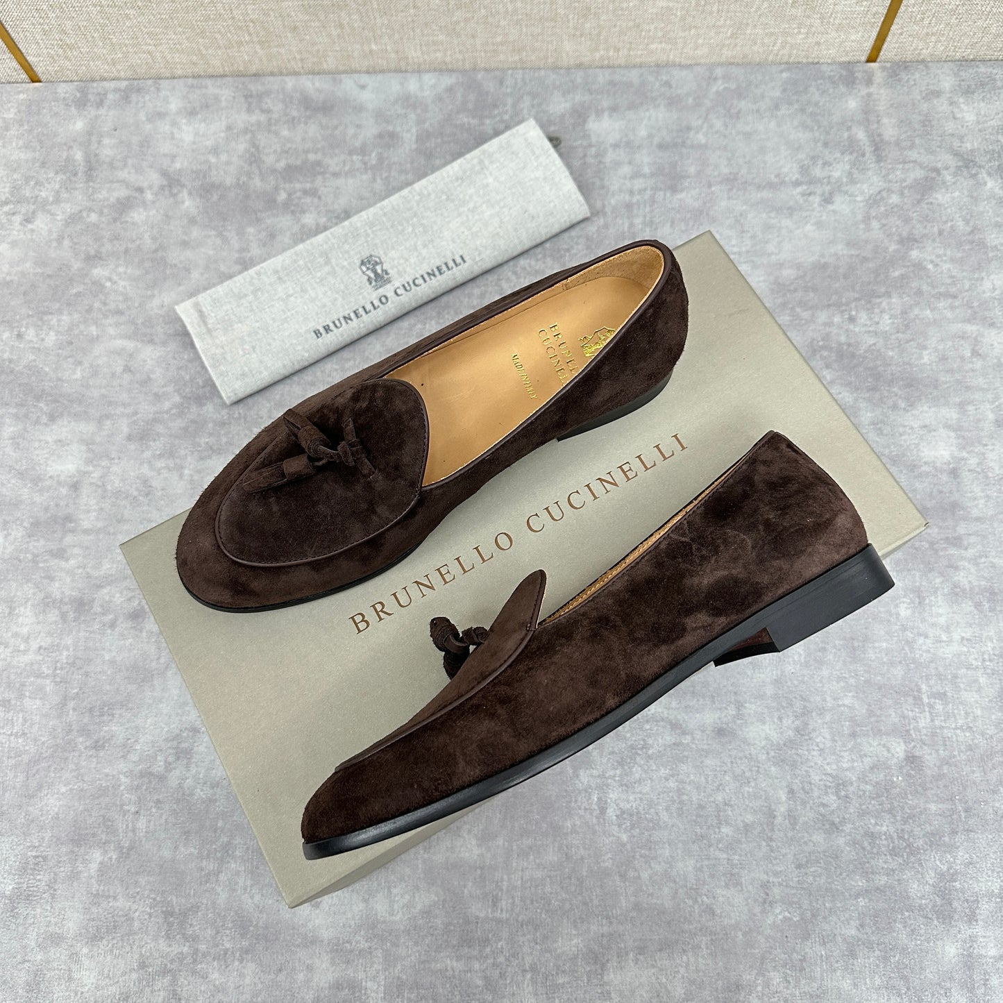 Light brown, Brown, Dark brown and Blue Shoes