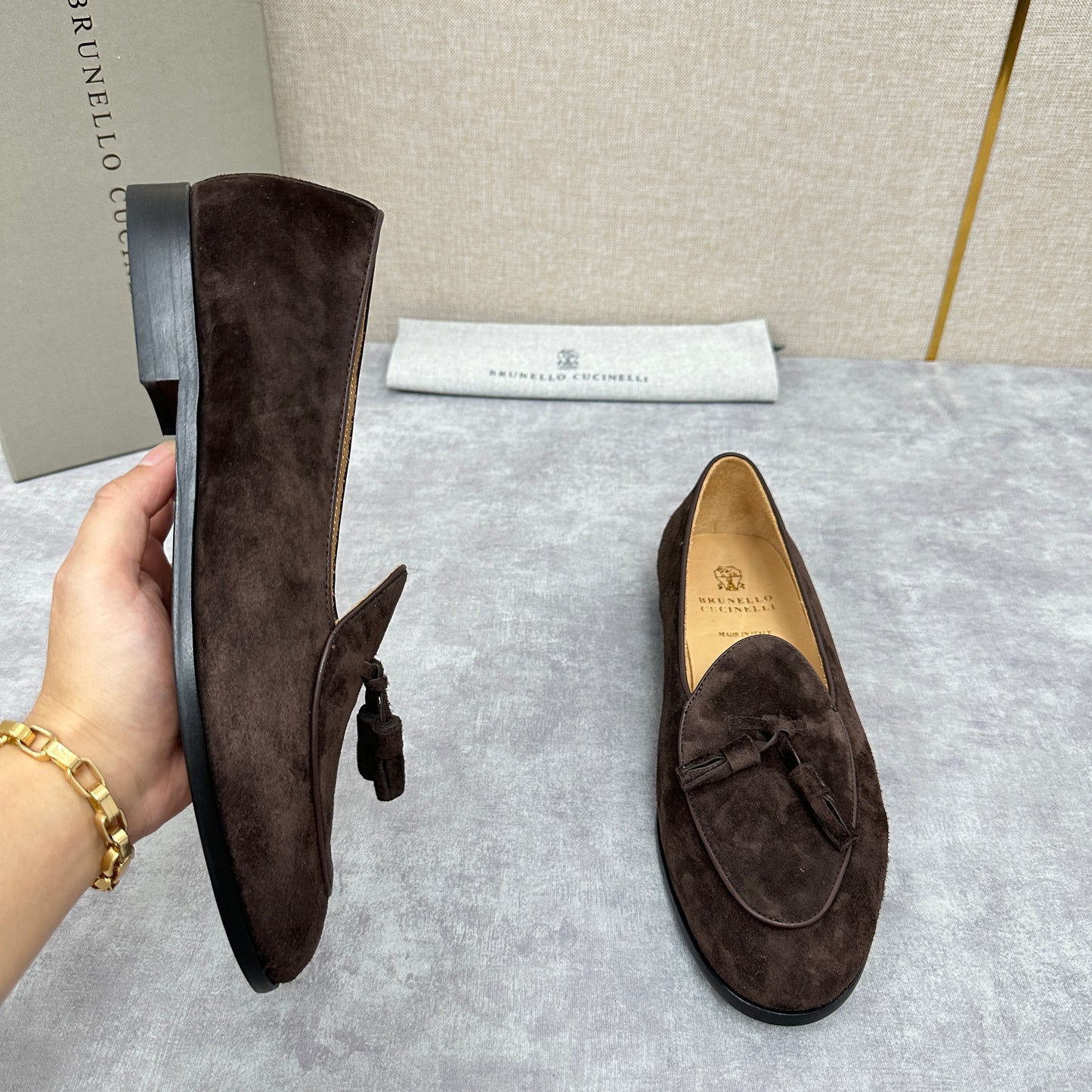 Light brown, Brown, Dark brown and Blue Shoes