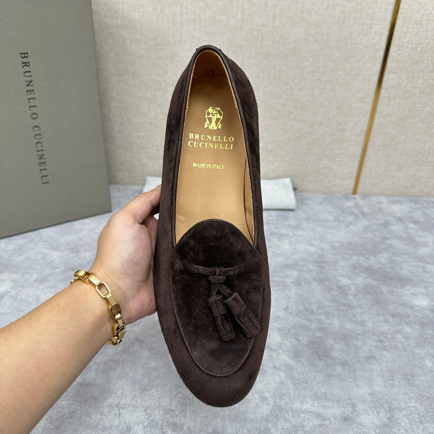 Light brown, Brown, Dark brown and Blue Shoes