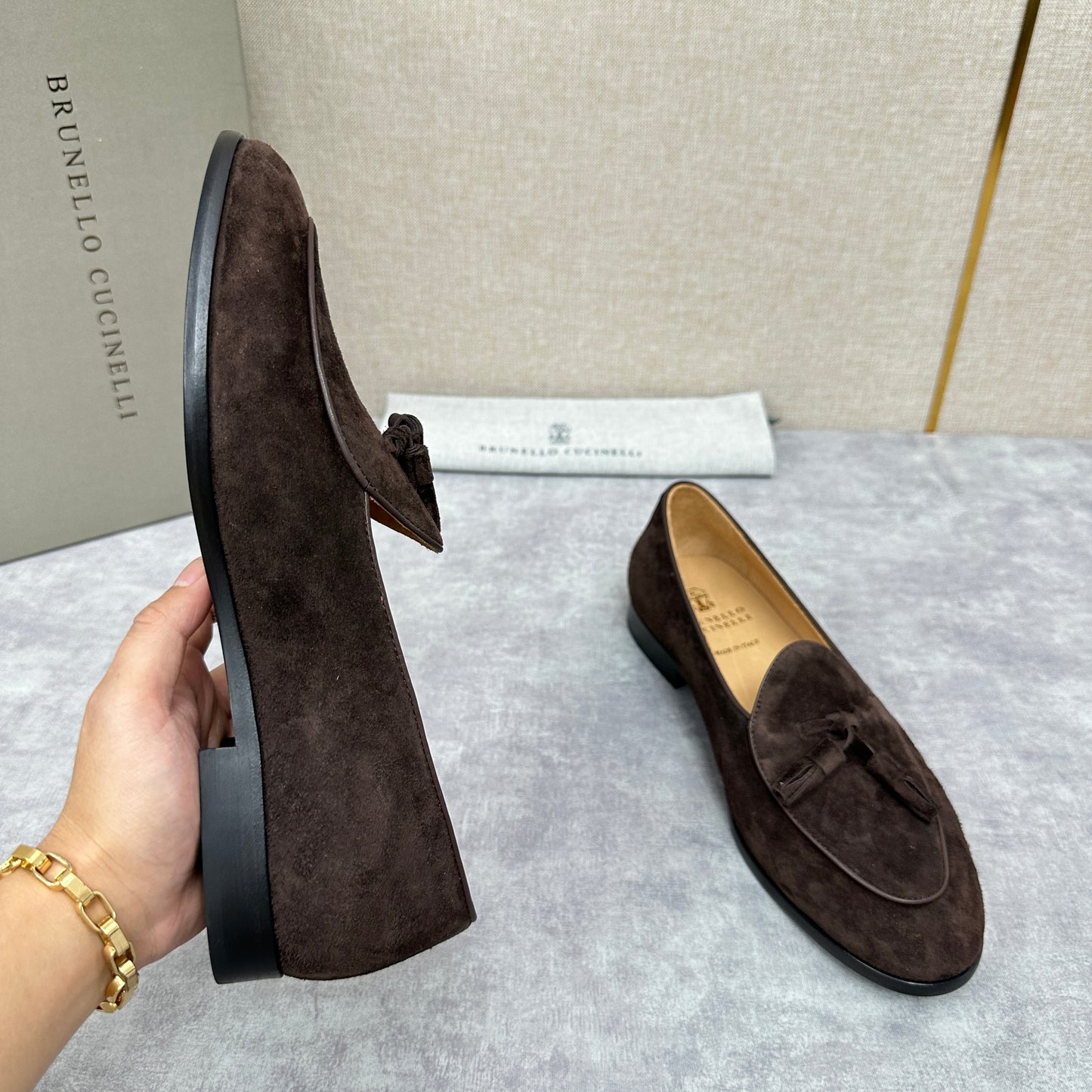 Light brown, Brown, Dark brown and Blue Shoes