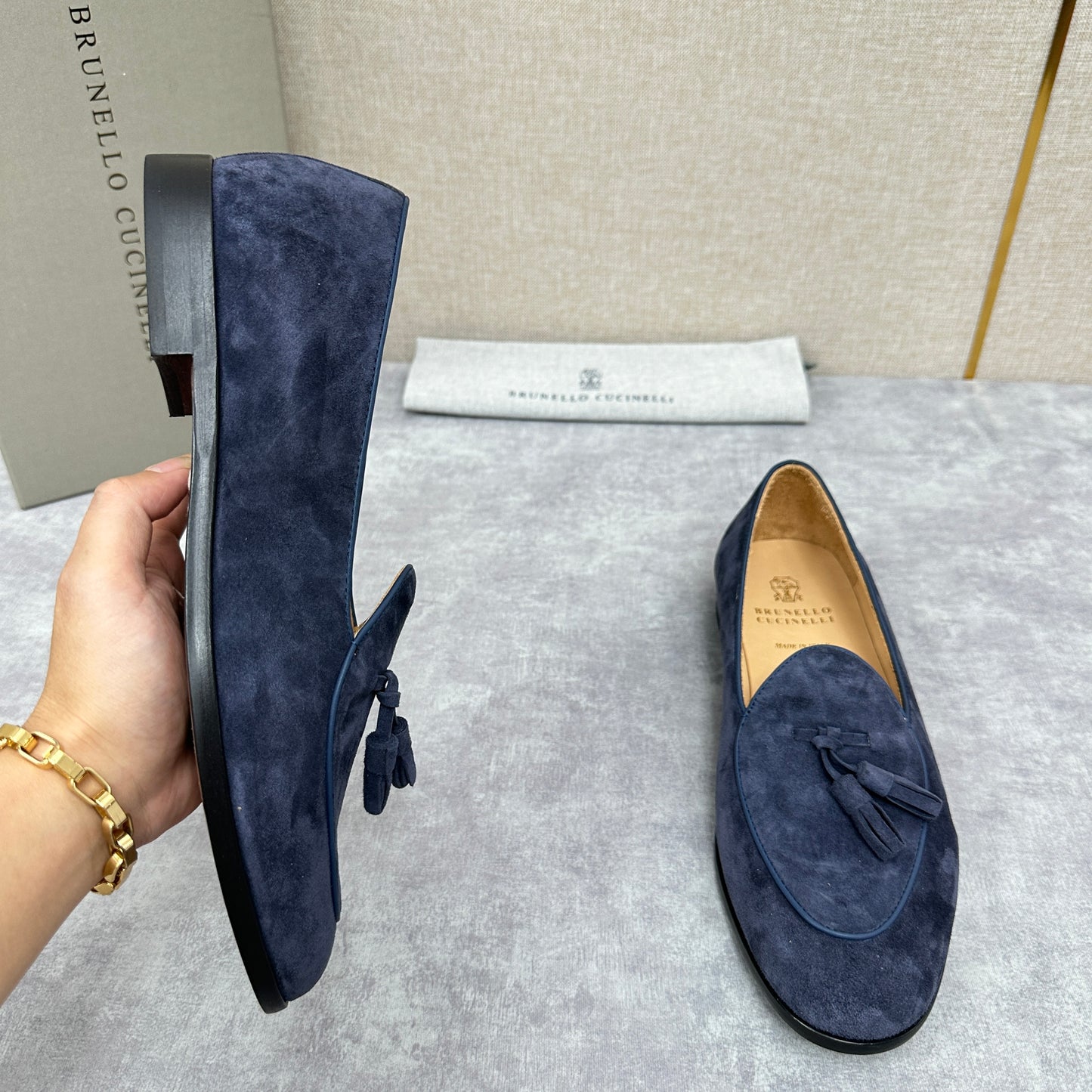 Light brown, Brown, Dark brown and Blue Shoes