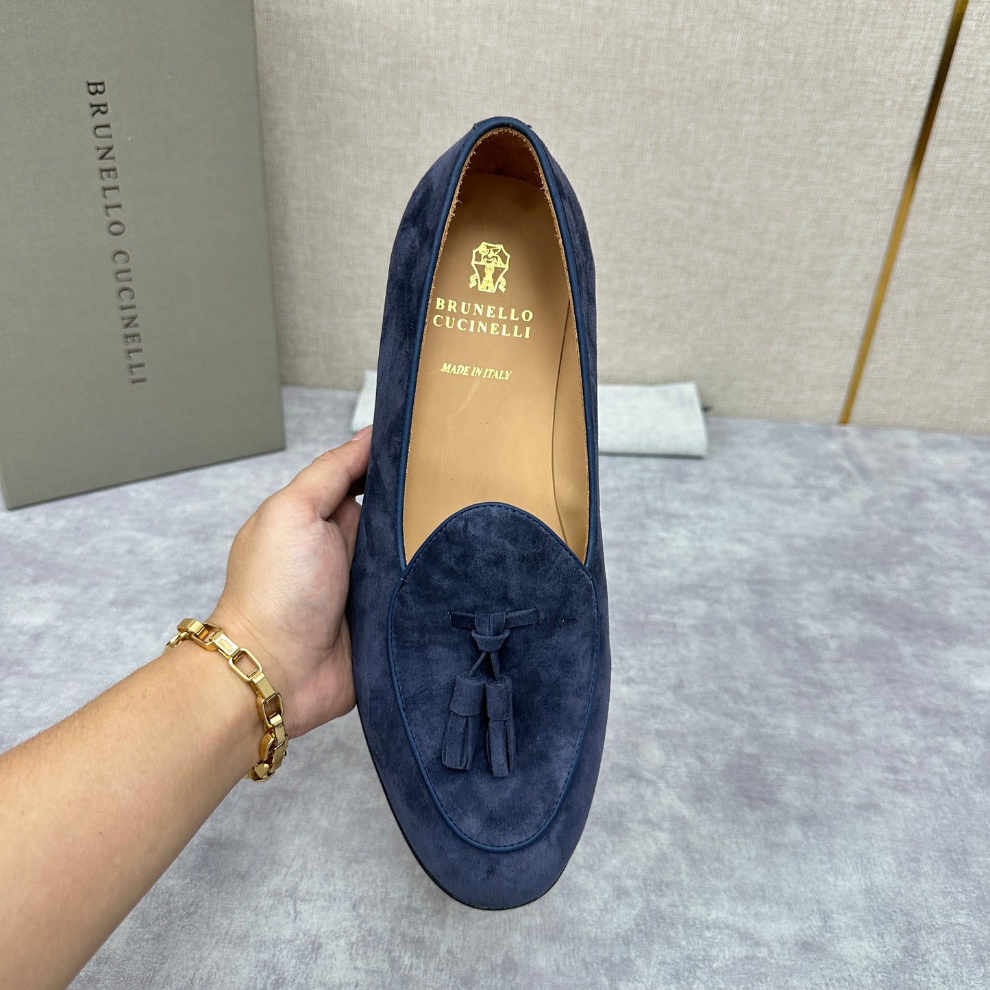 Light brown, Brown, Dark brown and Blue Shoes