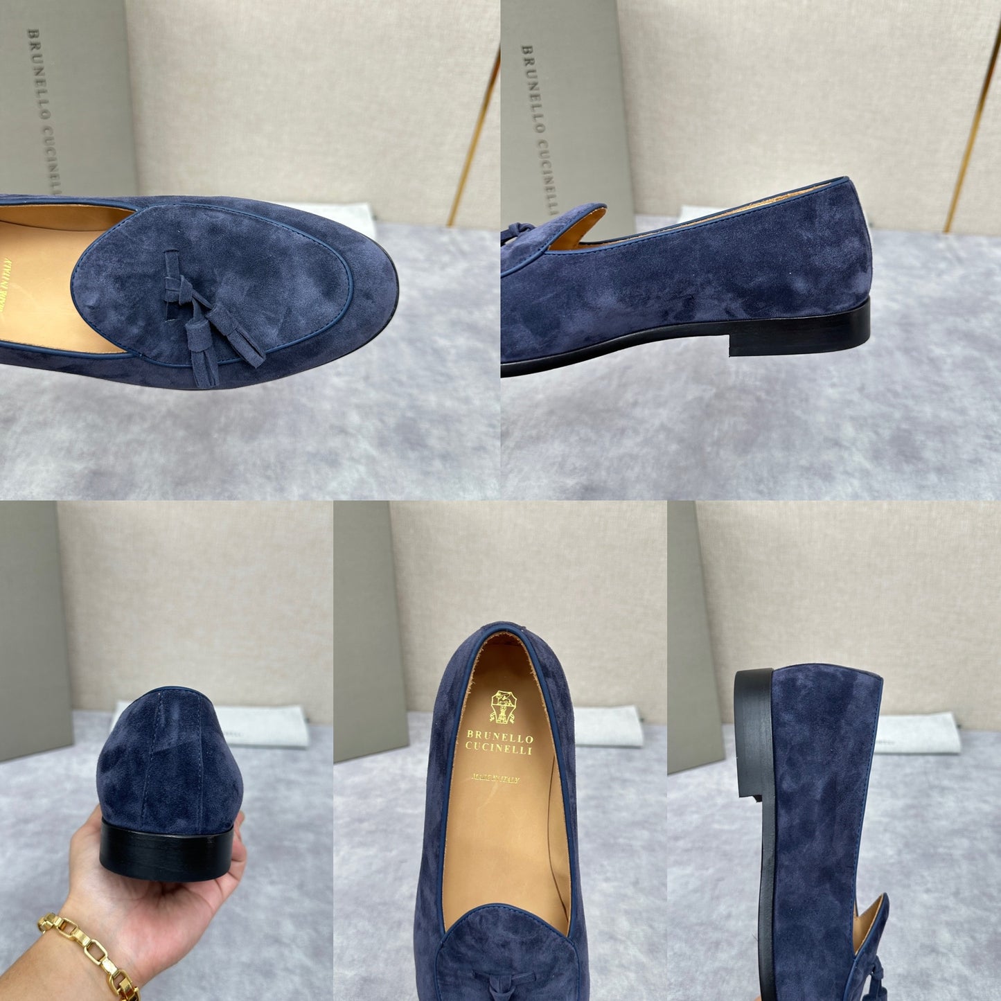 Light brown, Brown, Dark brown and Blue Shoes