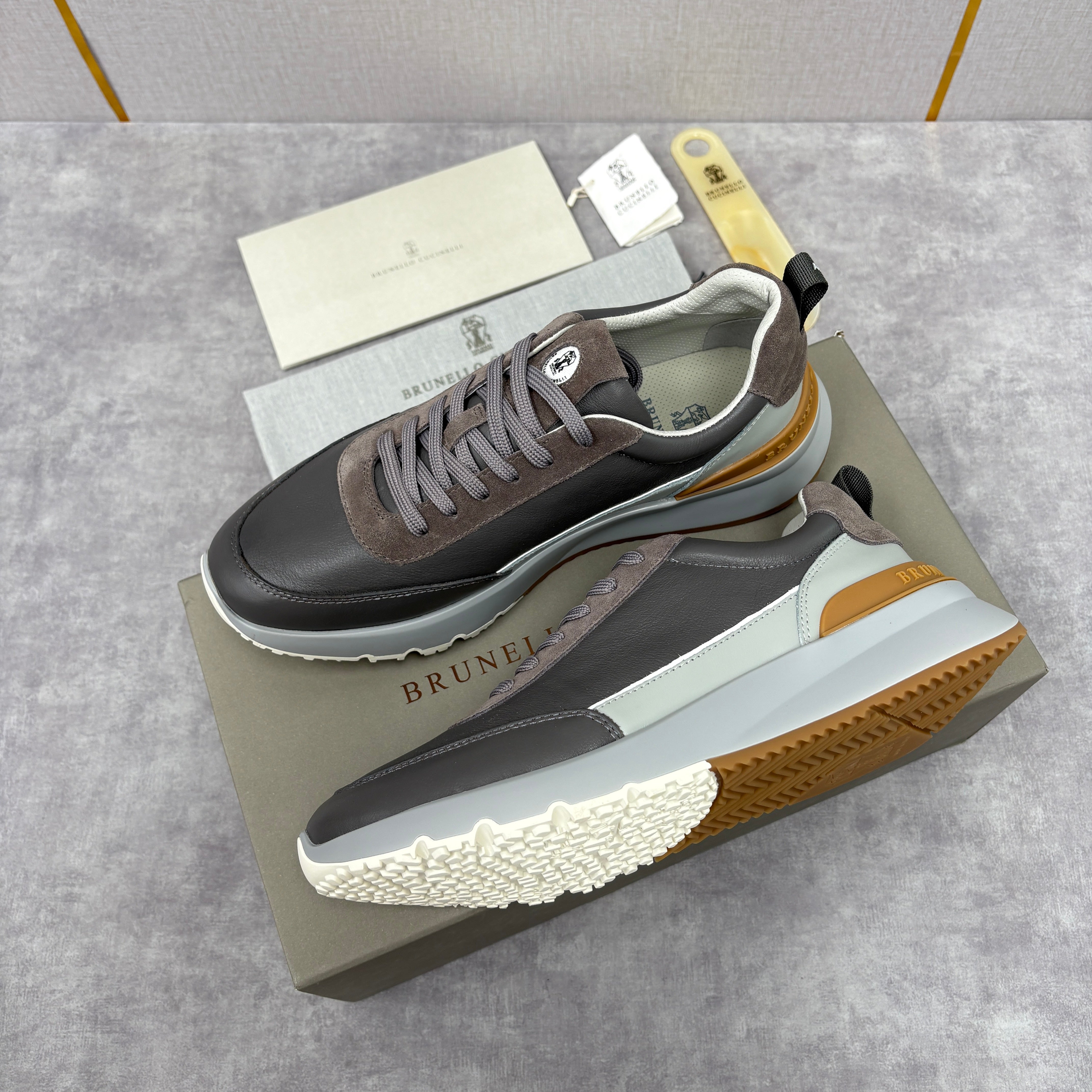 Grey, Brown and Navy blue Shoes