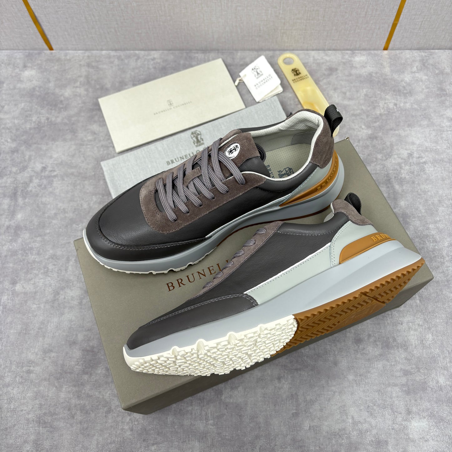 Grey, Brown and Navy blue Shoes