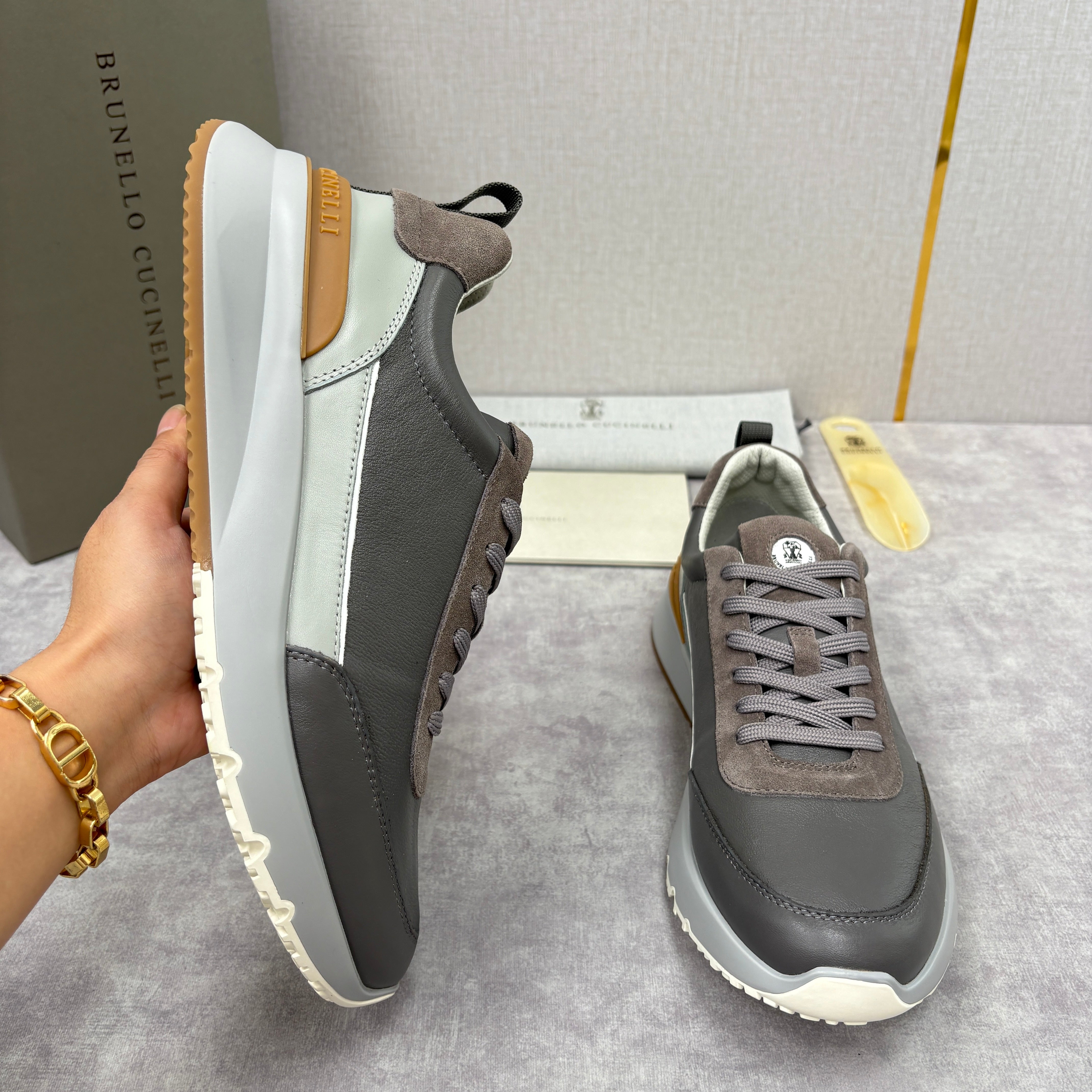 Grey, Brown and Navy blue Shoes