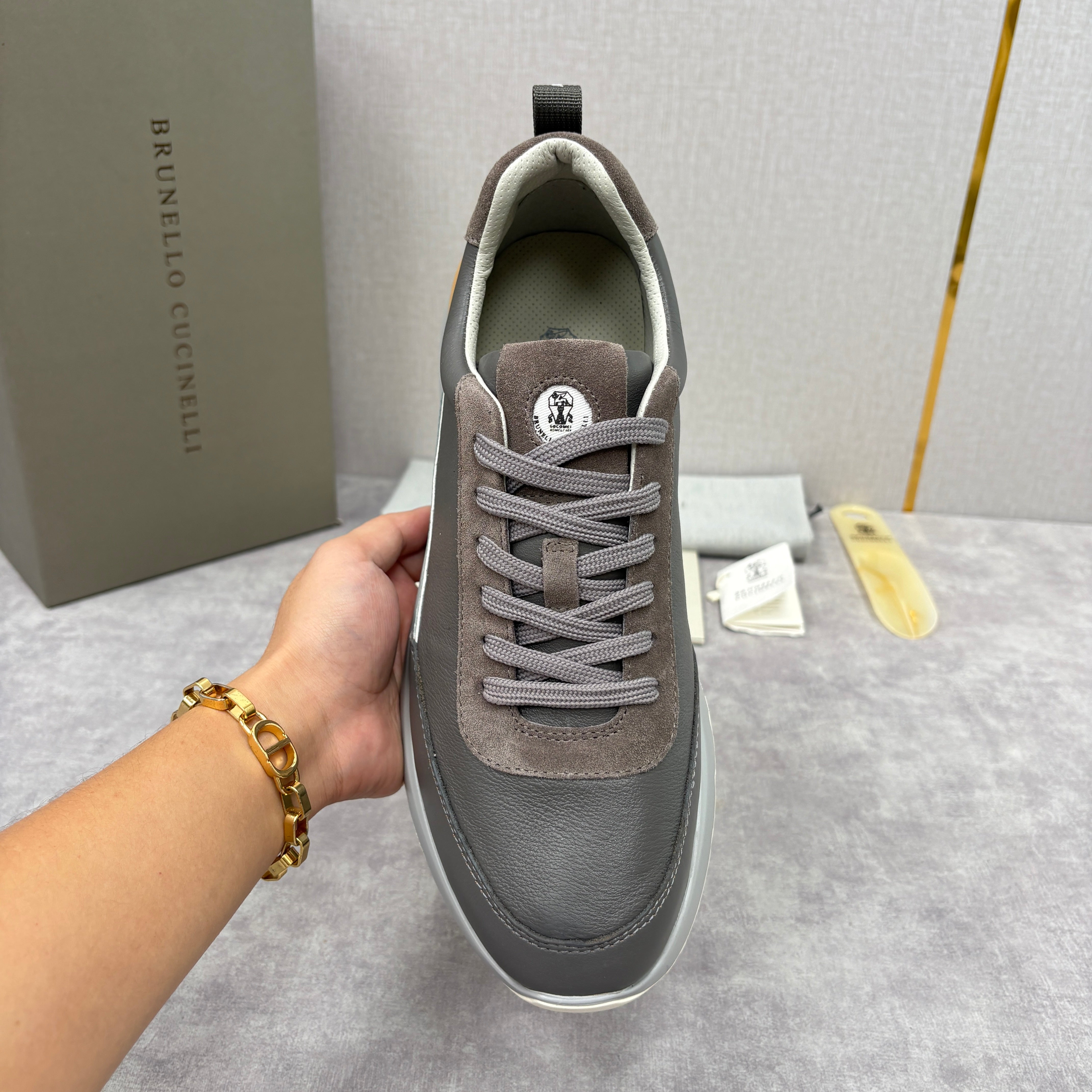 Grey, Brown and Navy blue Shoes