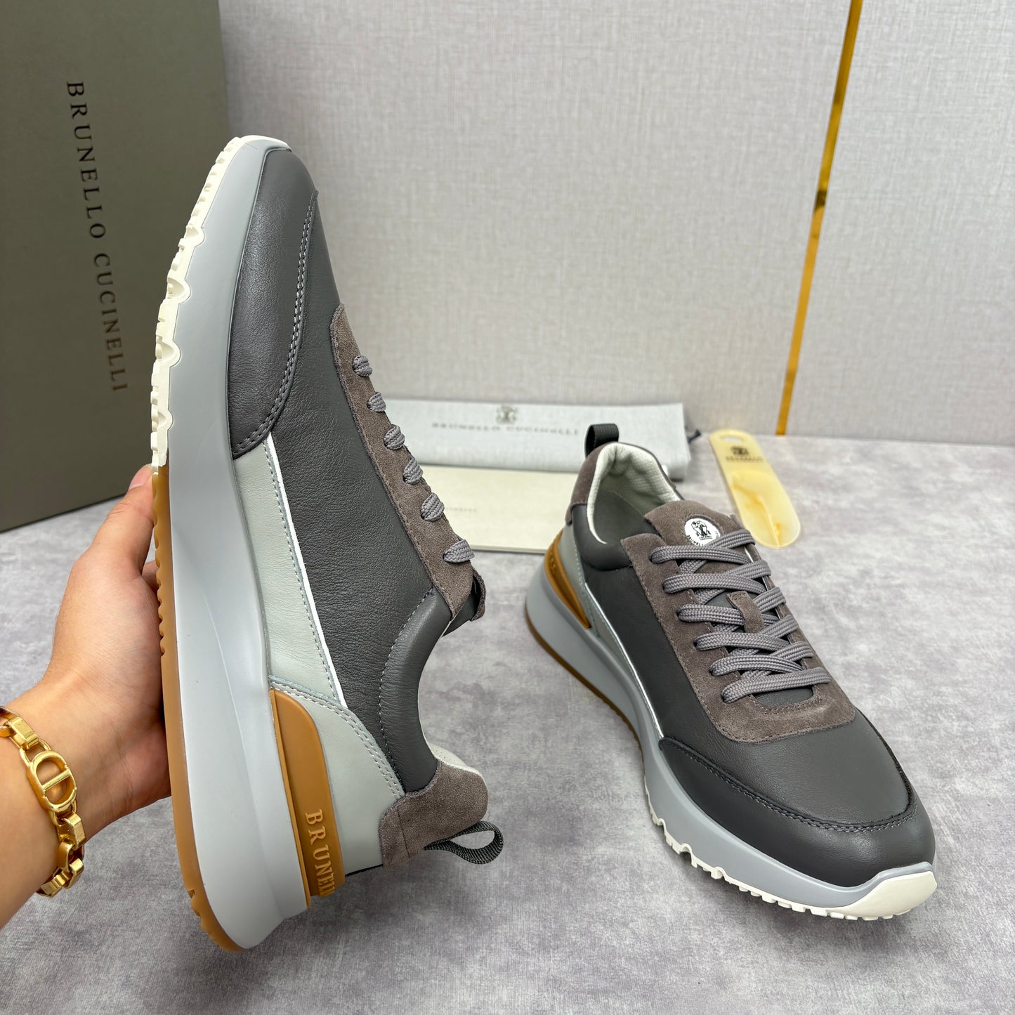 Grey, Brown and Navy blue Shoes