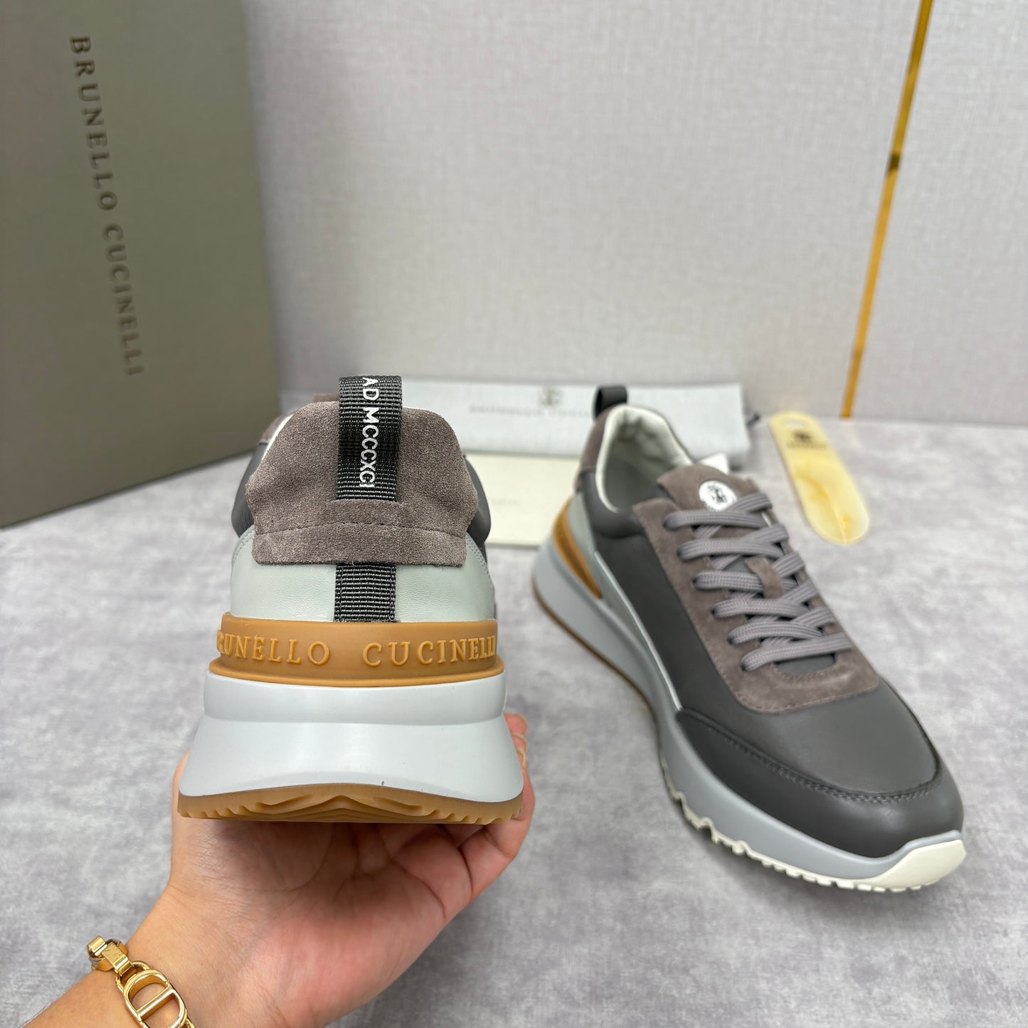 Grey, Brown and Navy blue Shoes