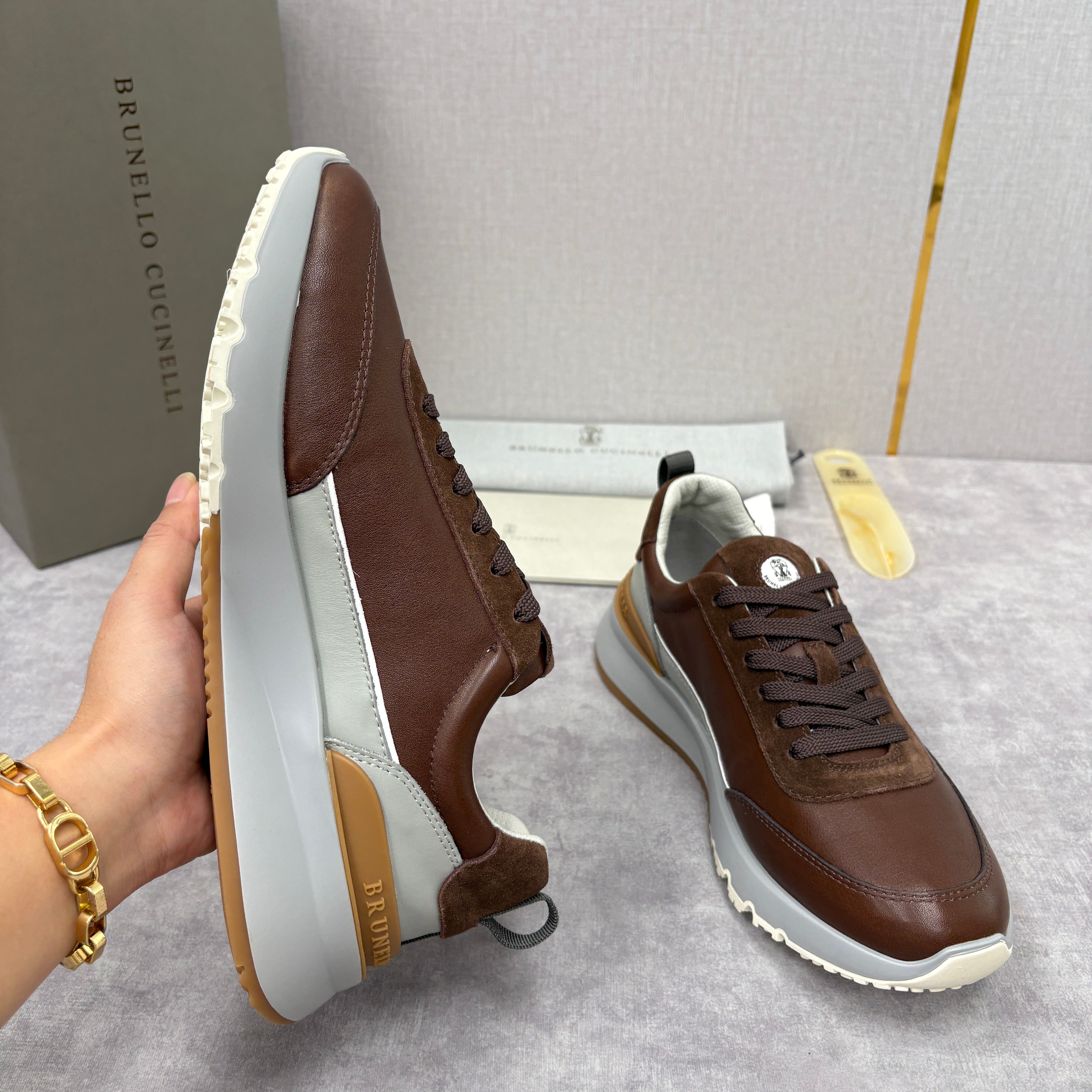 Grey, Brown and Navy blue Shoes