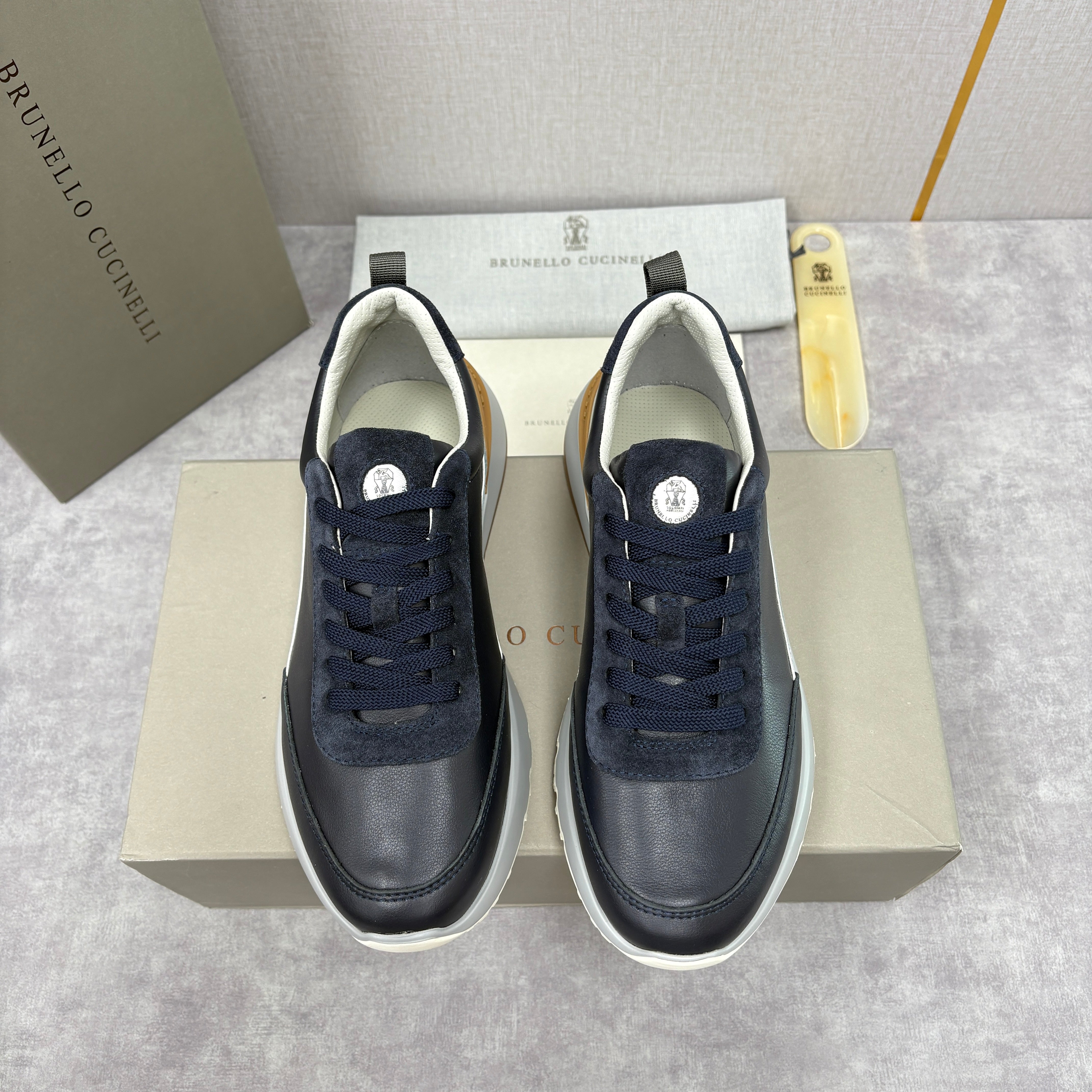Grey, Brown and Navy blue Shoes