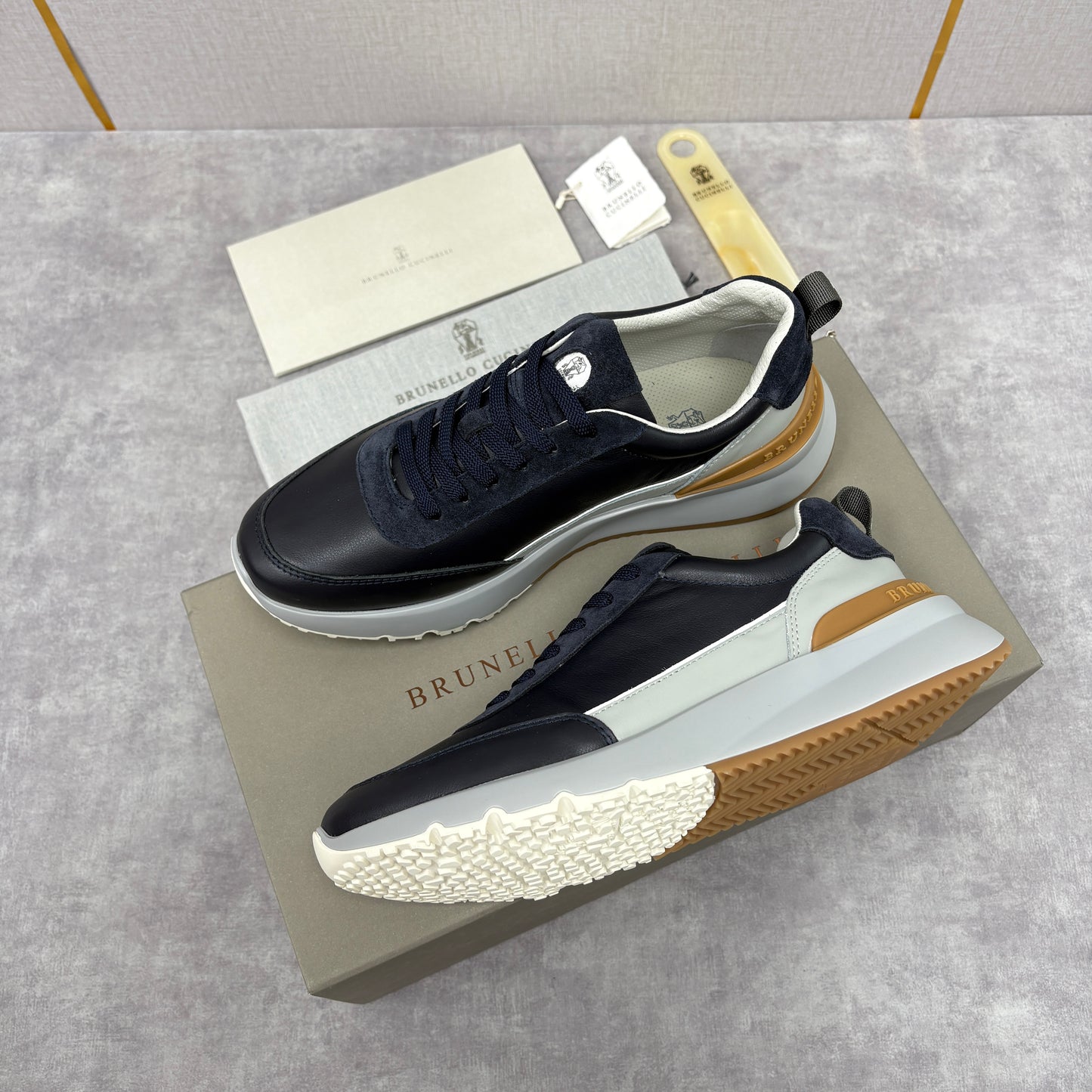 Grey, Brown and Navy blue Shoes