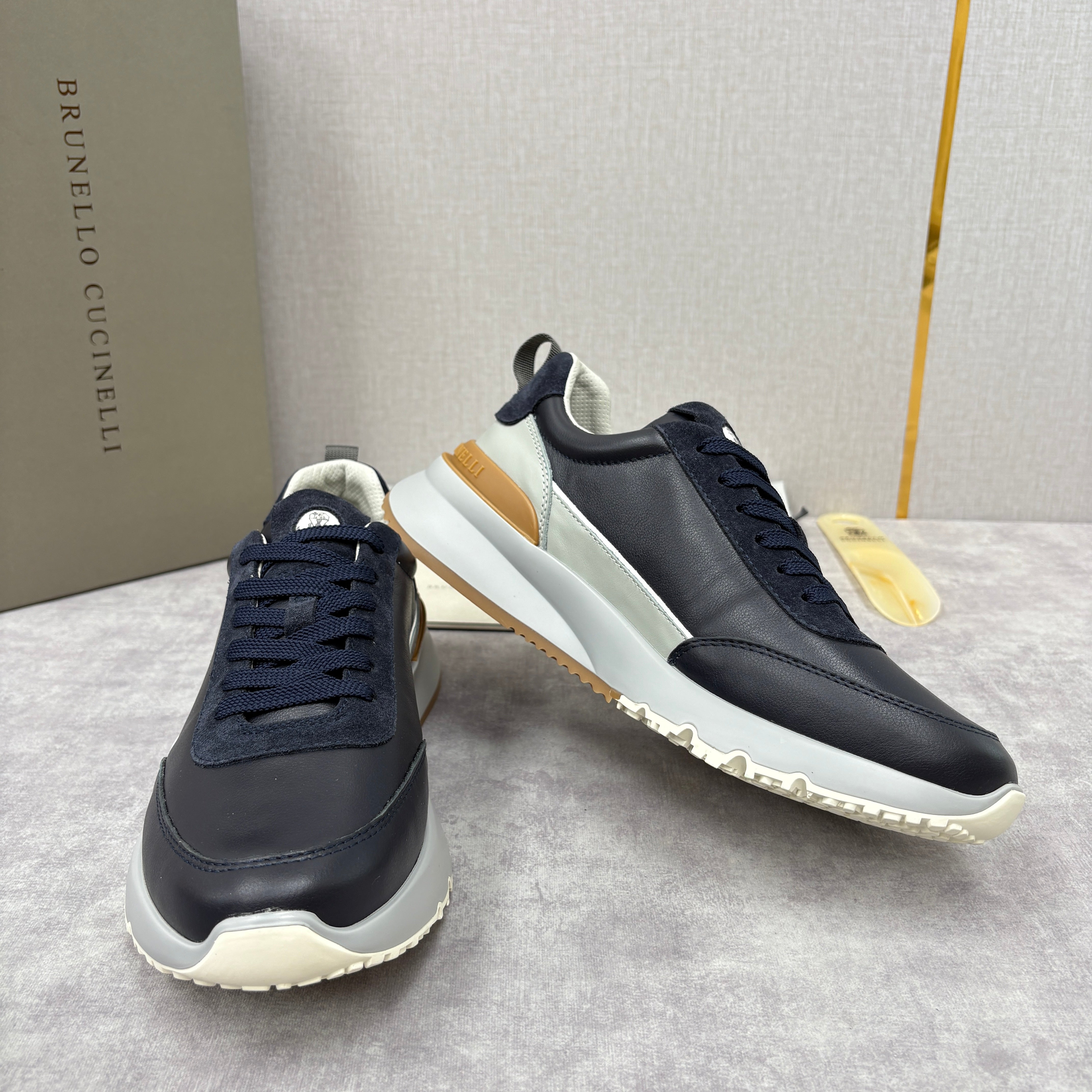 Grey, Brown and Navy blue Shoes