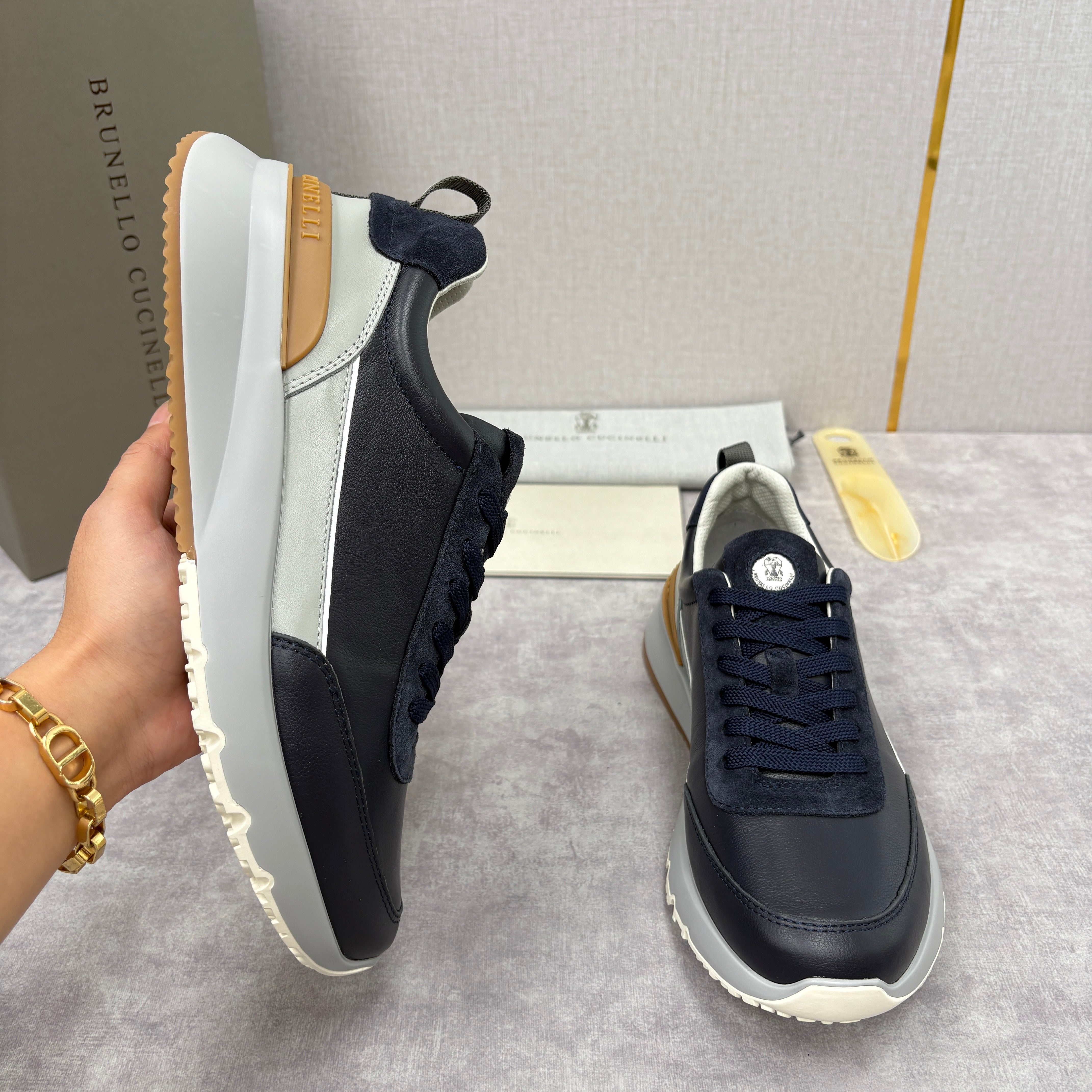 Grey, Brown and Navy blue Shoes