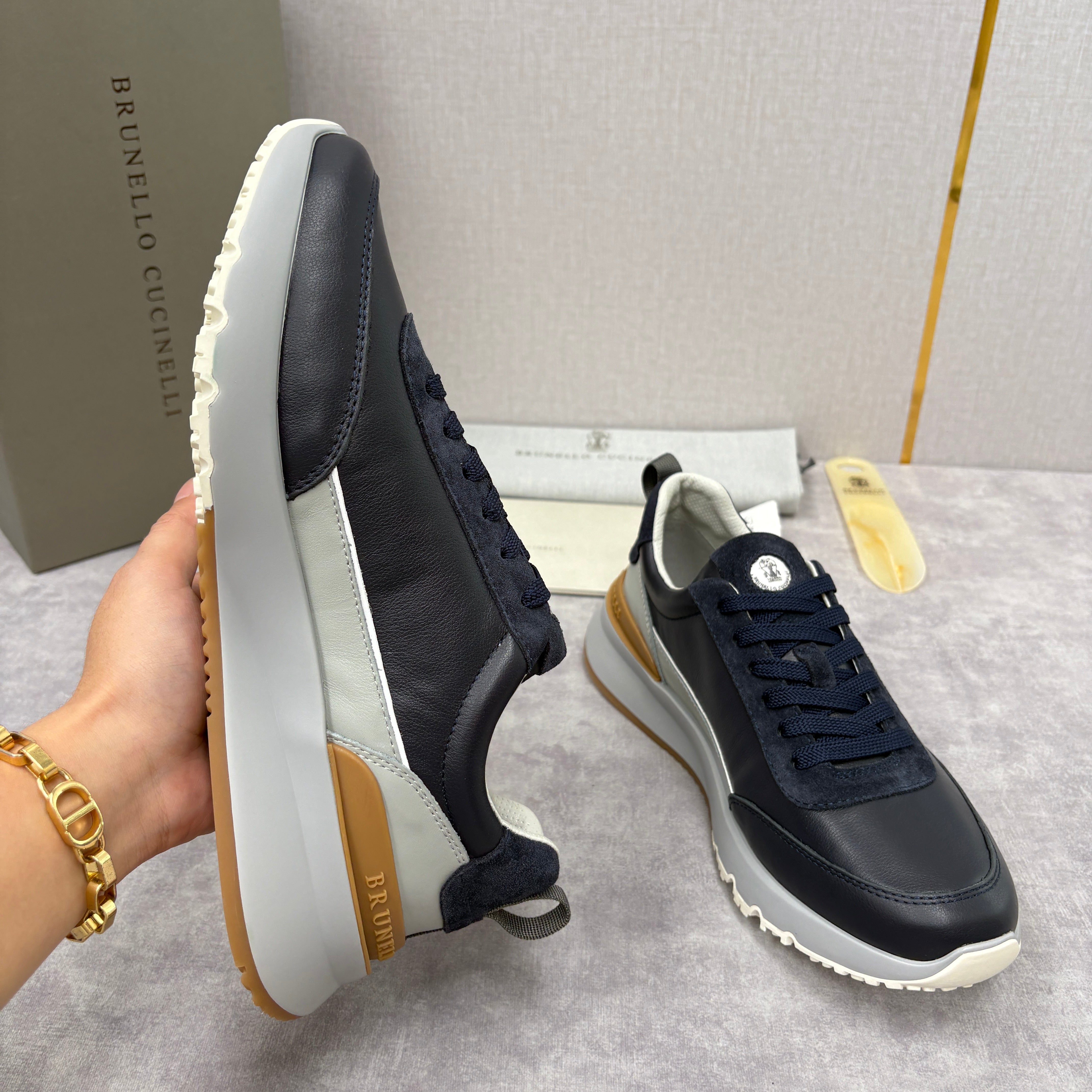 Grey, Brown and Navy blue Shoes