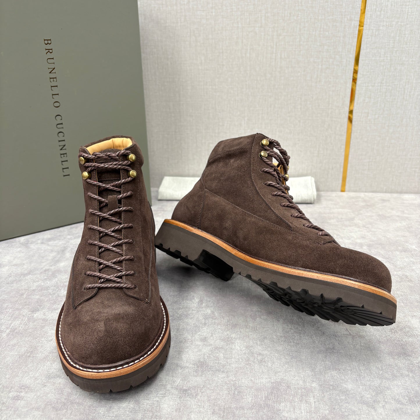 Tan, Dark brown and Navy blue Shoes