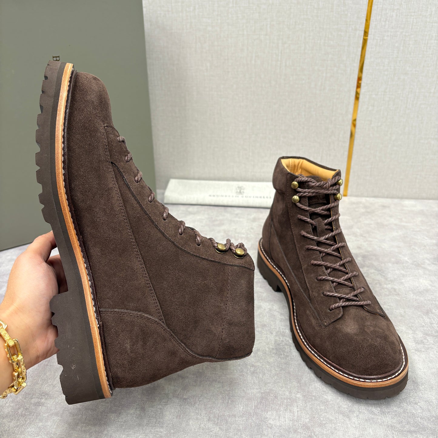 Tan, Dark brown and Navy blue Shoes