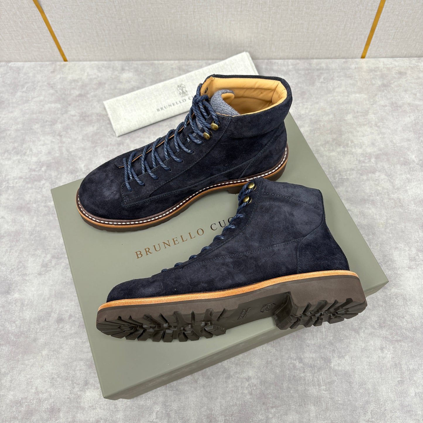 Tan, Dark brown and Navy blue Shoes